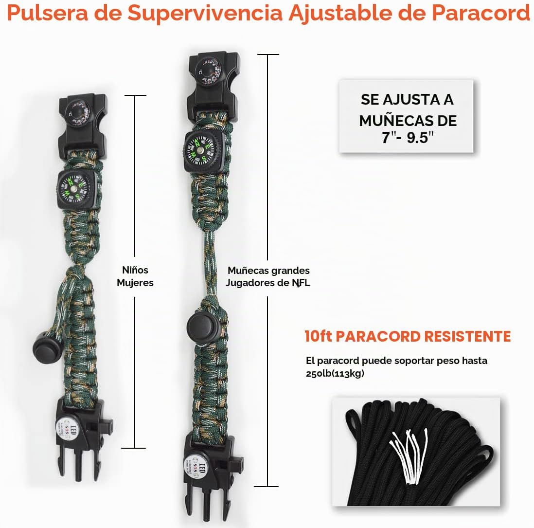 PULSERA DE SUPERVIVENCIA NVIOASPORT 20 EN 1 CON LUZ LED SOS Y BRÚJULA AJUSTABLE - 4