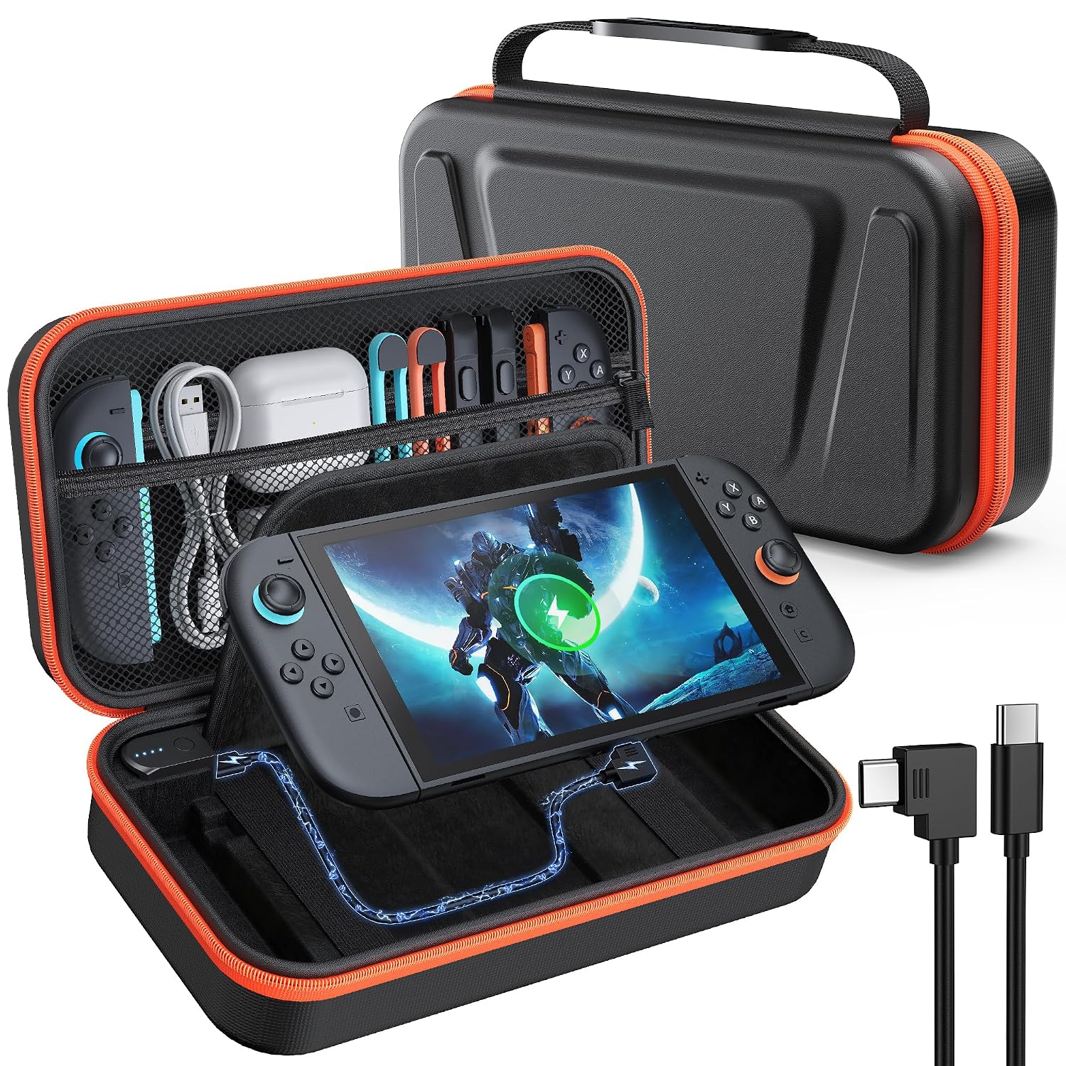 ESTUCHE CON BATERÍA Y SOPORTE PARA NINTENDO SWITCH 2 FYOUNG 10000 MAH NARANJA Y NEGRO - 1