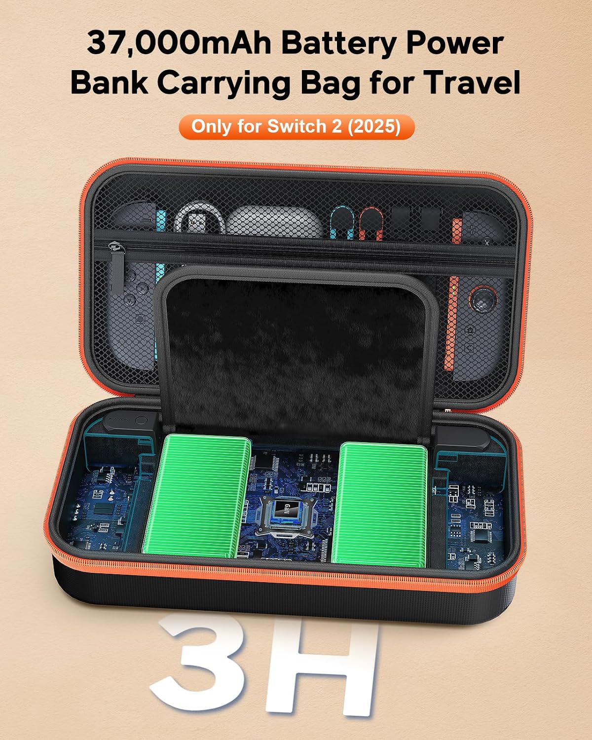 ESTUCHE CON BATERÍA Y SOPORTE PARA NINTENDO SWITCH 2 FYOUNG 10000 MAH NARANJA Y NEGRO - 5