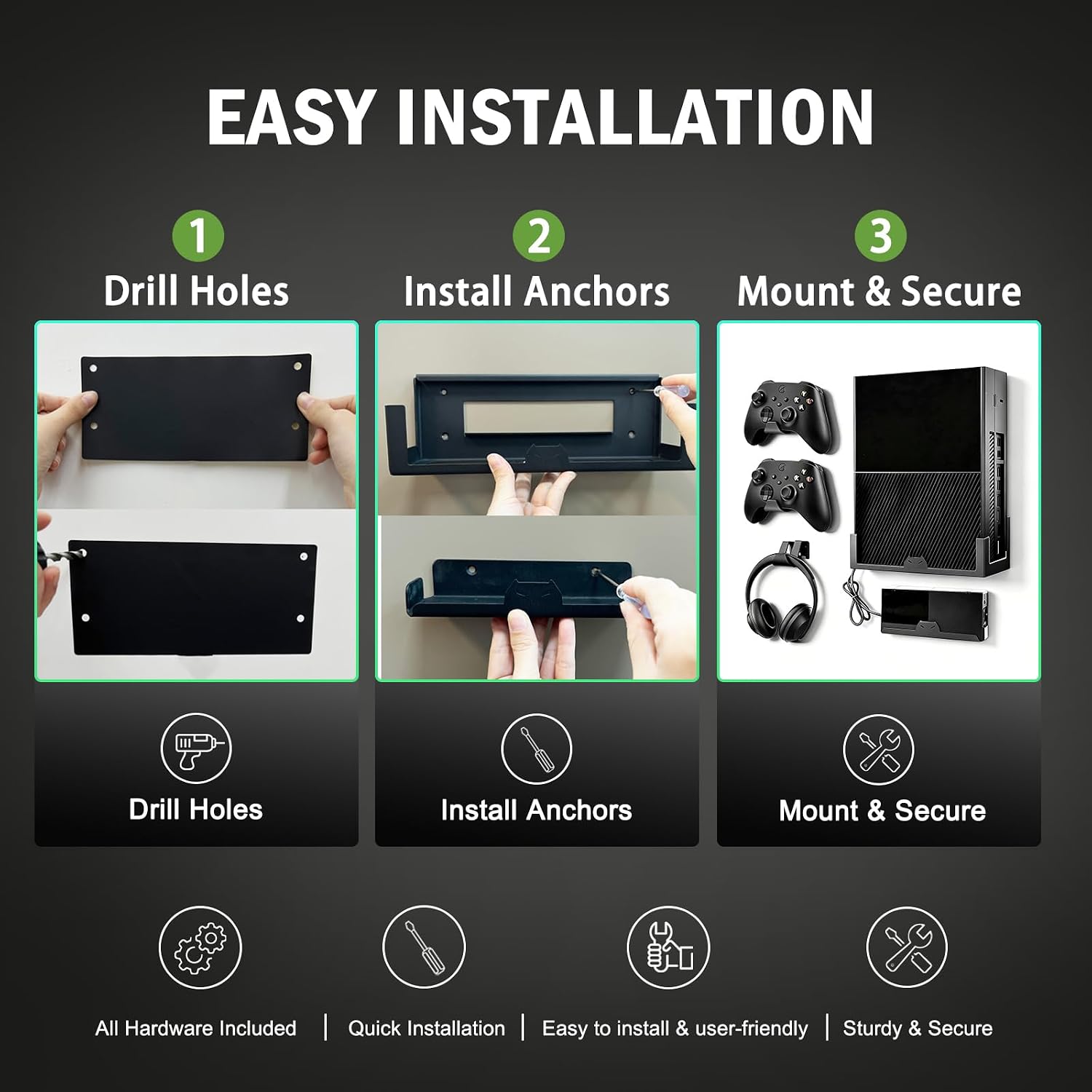 SOPORTE DE PARED BRACNOVA PARA XBOX ONE CON 3 GANCHOS DESMONTABLES Y SOPORTE PARA AUDÍFONOS - 4