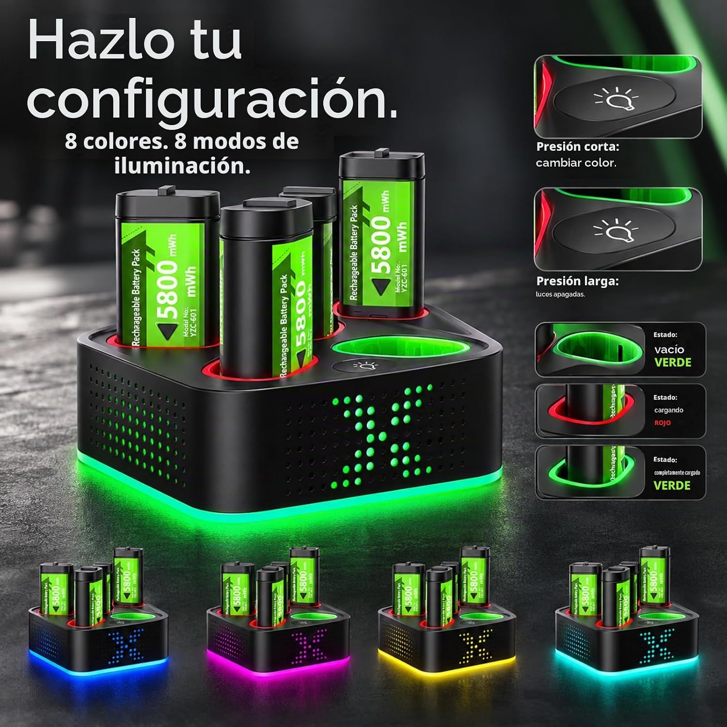 BATERÍA RECARGABLE NBSOUL PARA XBOX ONE/SERIES X/S CON ESTACIÓN DE CARGA RGB Y 4 BATERÍAS DE 5800MWH - 2