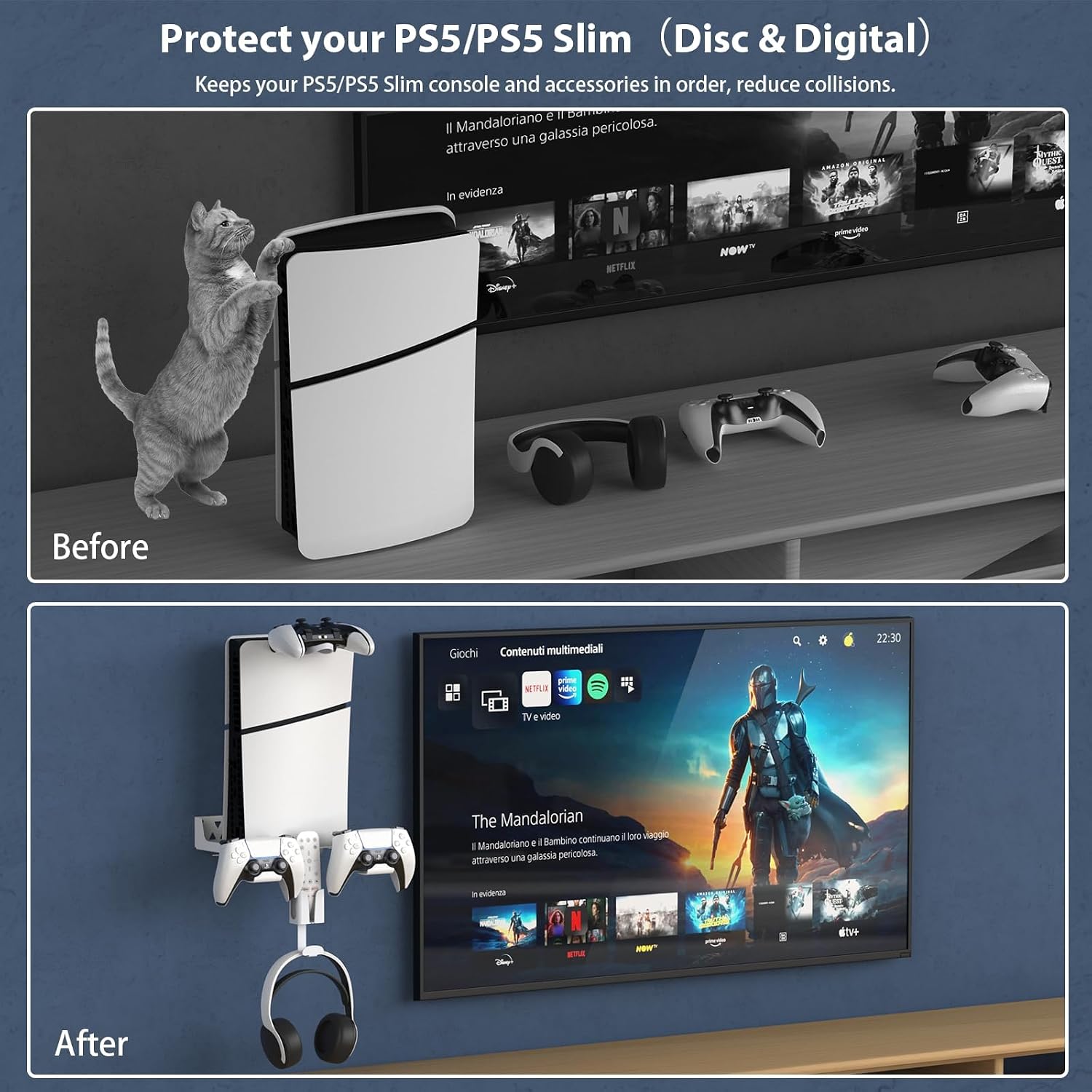 SOPORTE DE PARED PARA PS5 BIFONODKR CON 2 SOPORTES PARA CONTROLES Y SOPORTE PARA AUDÍFONOS - 4