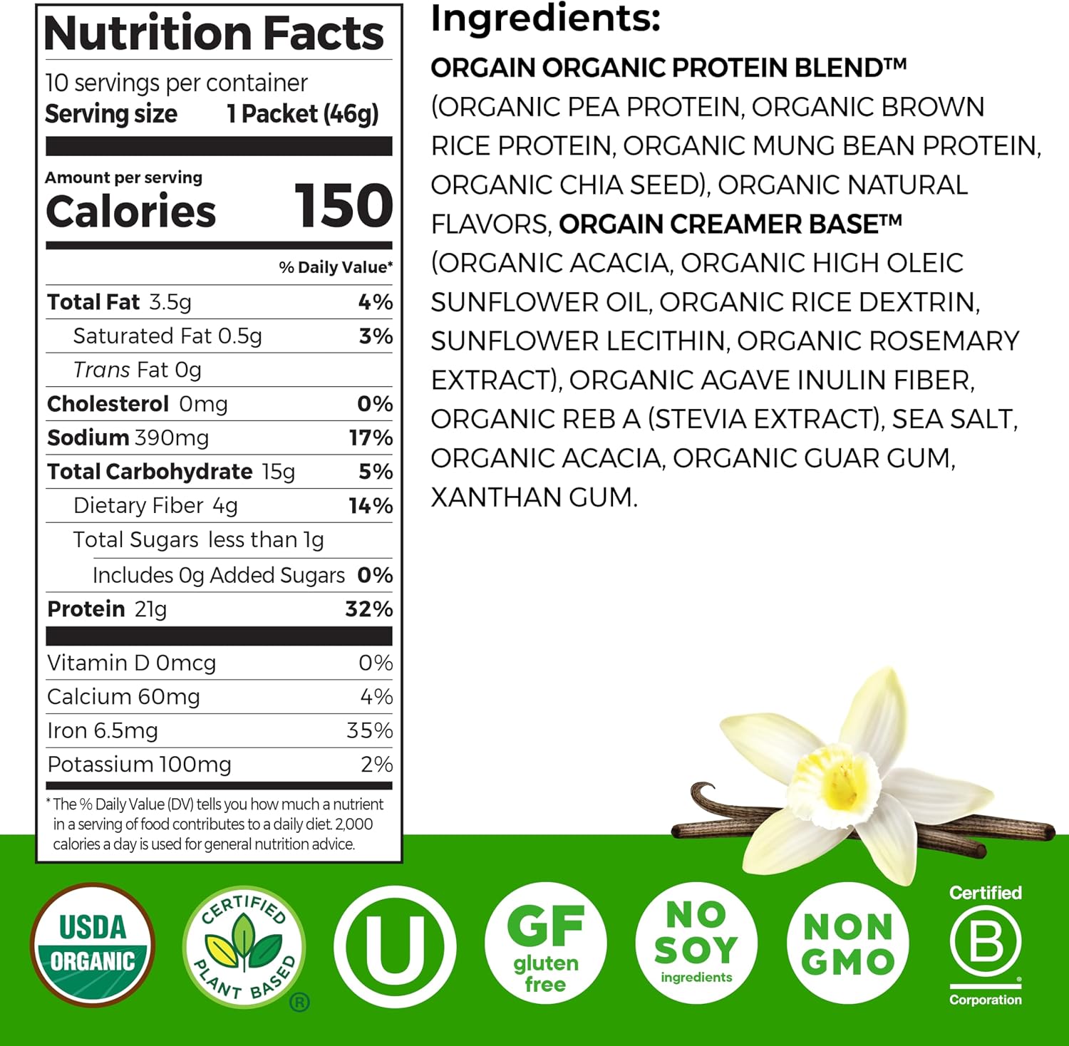 POLVO DE PROTEÍNA ORGAIN VAINILLA BEAN 21G VEGANO 2.03 LB - 2