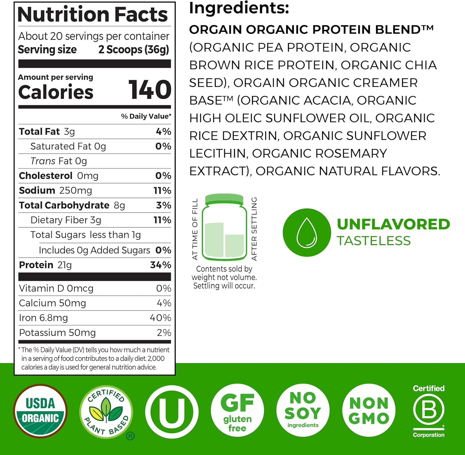 POLVO DE PROTEÍNA ORGÁNICA VEGANA ORGAIN VAINILLA BEAN 21G 2.03 LB - 2