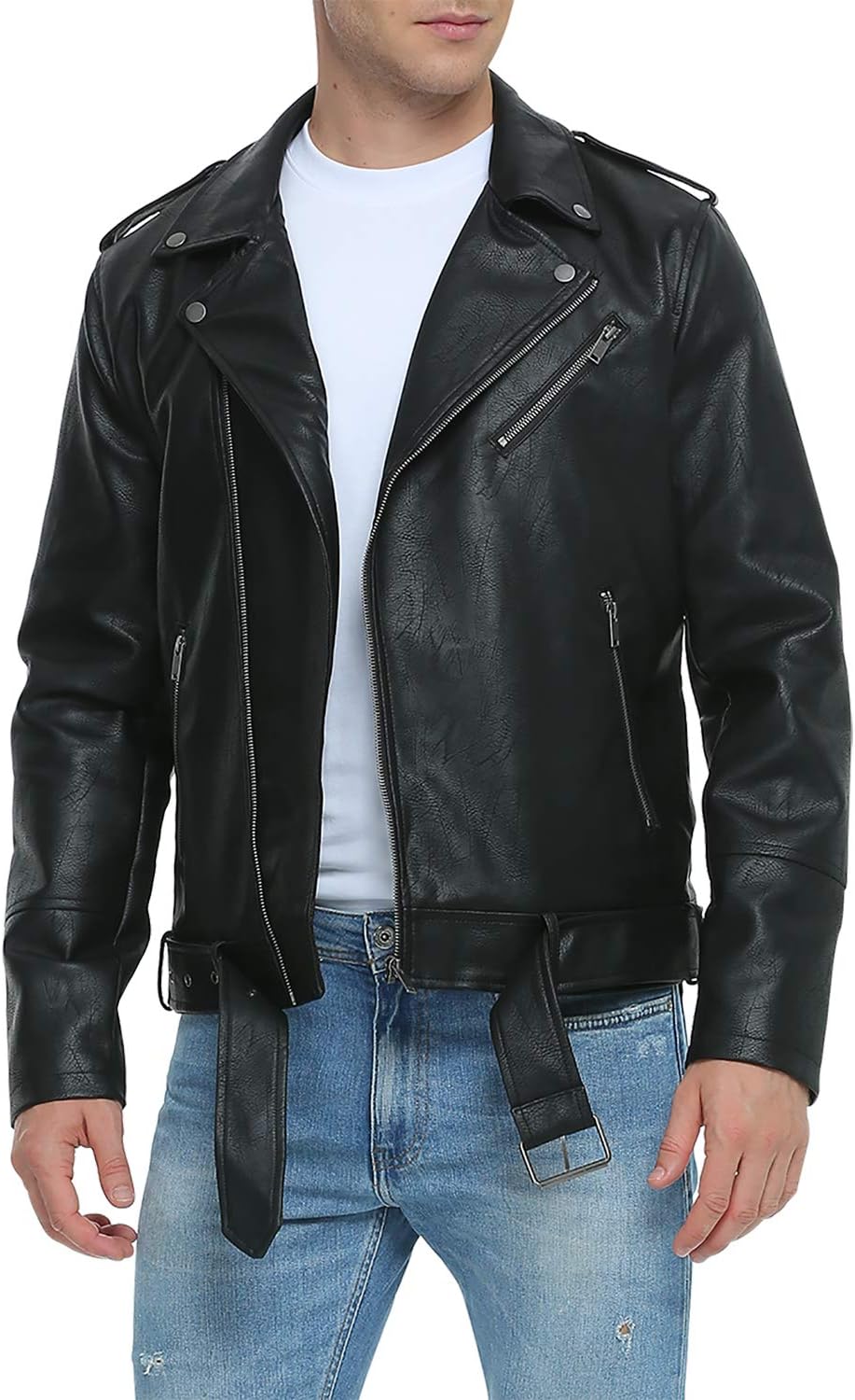 CASACA PARA HOMBRE FAHSYEE BOMBER DE CUERO SINTÉTICO CON CIERRE ASIMÉTRICO Y CINTURÓN - 1