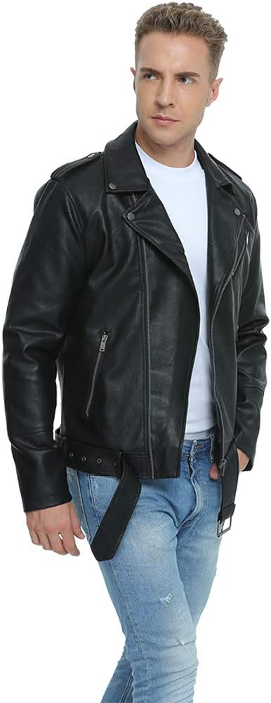 CASACA PARA HOMBRE FAHSYEE BOMBER DE CUERO SINTÉTICO CON CIERRE ASIMÉTRICO Y CINTURÓN - 4
