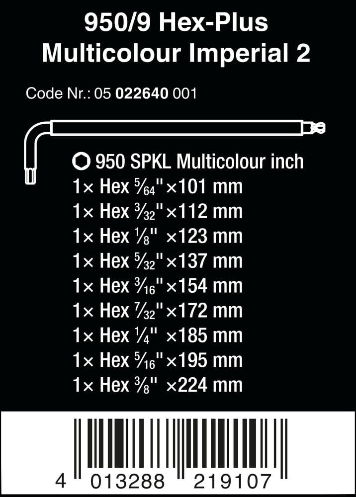 SET DE LLAVES HEXAGONALES WERA 950/9 HEX-PLUS IMPERIAL CON PUNTA BOLA 5/64-3/8 PULG 9 PIEZAS - 2