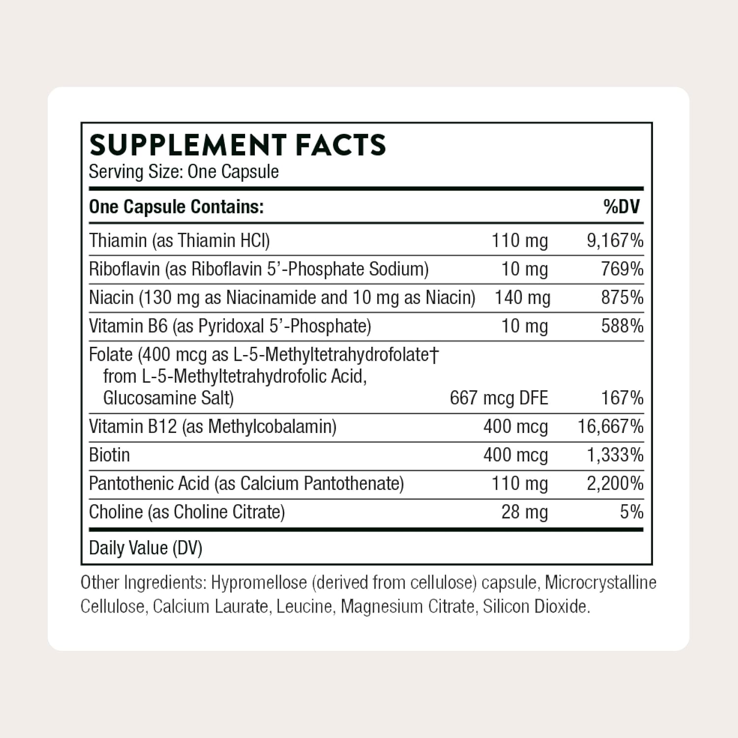 COMPLEJO B BÁSICO THORNE, 8 VITAMINAS B ACTIVAS Y COLINA, 60 CÁPSULAS - 2