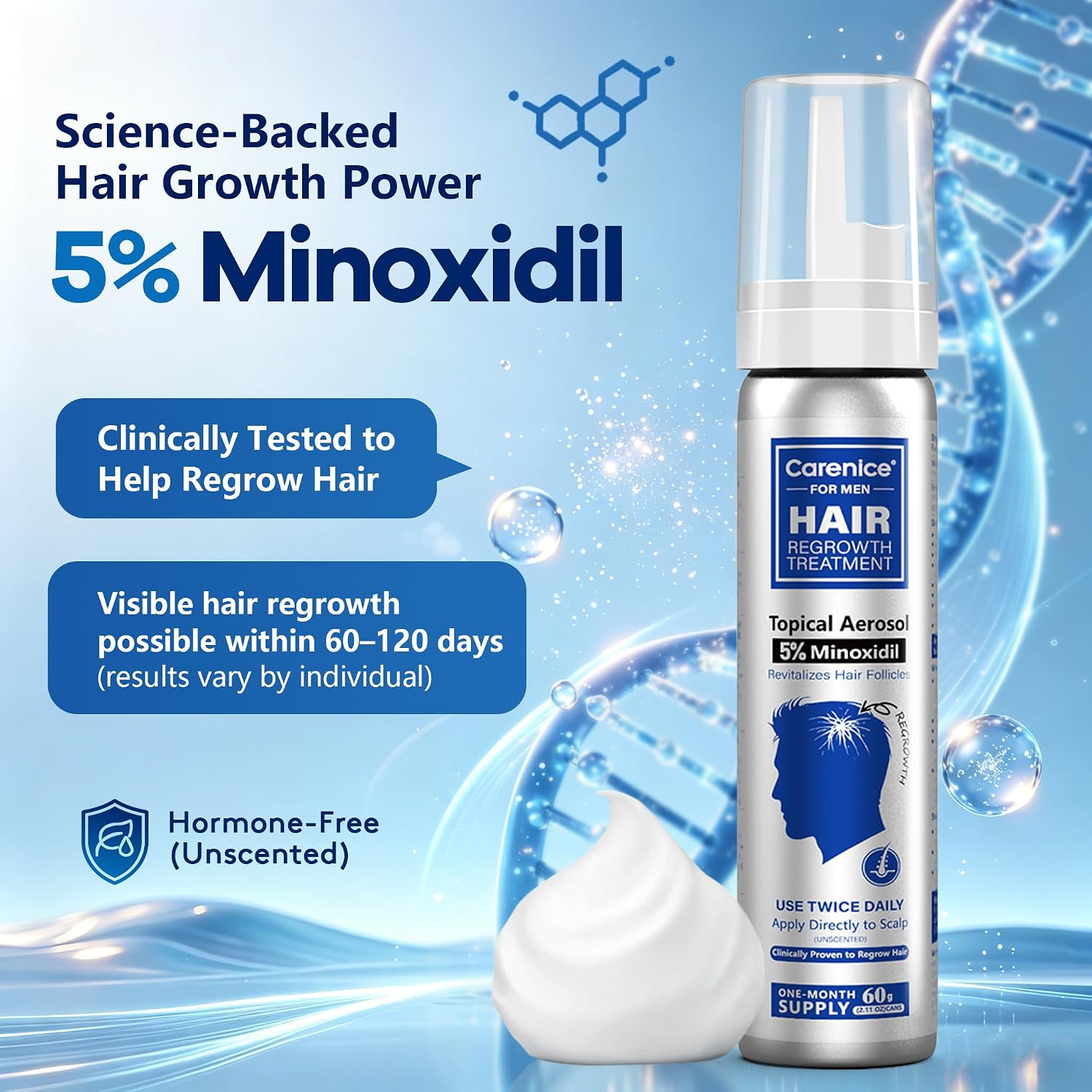 TRATAMIENTO PARA CRECIMIENTO DE CABELLO Y BARBA CARENICE MINOXIDIL 5% ESPUMA SIN AROMA 8.44OZ - 3