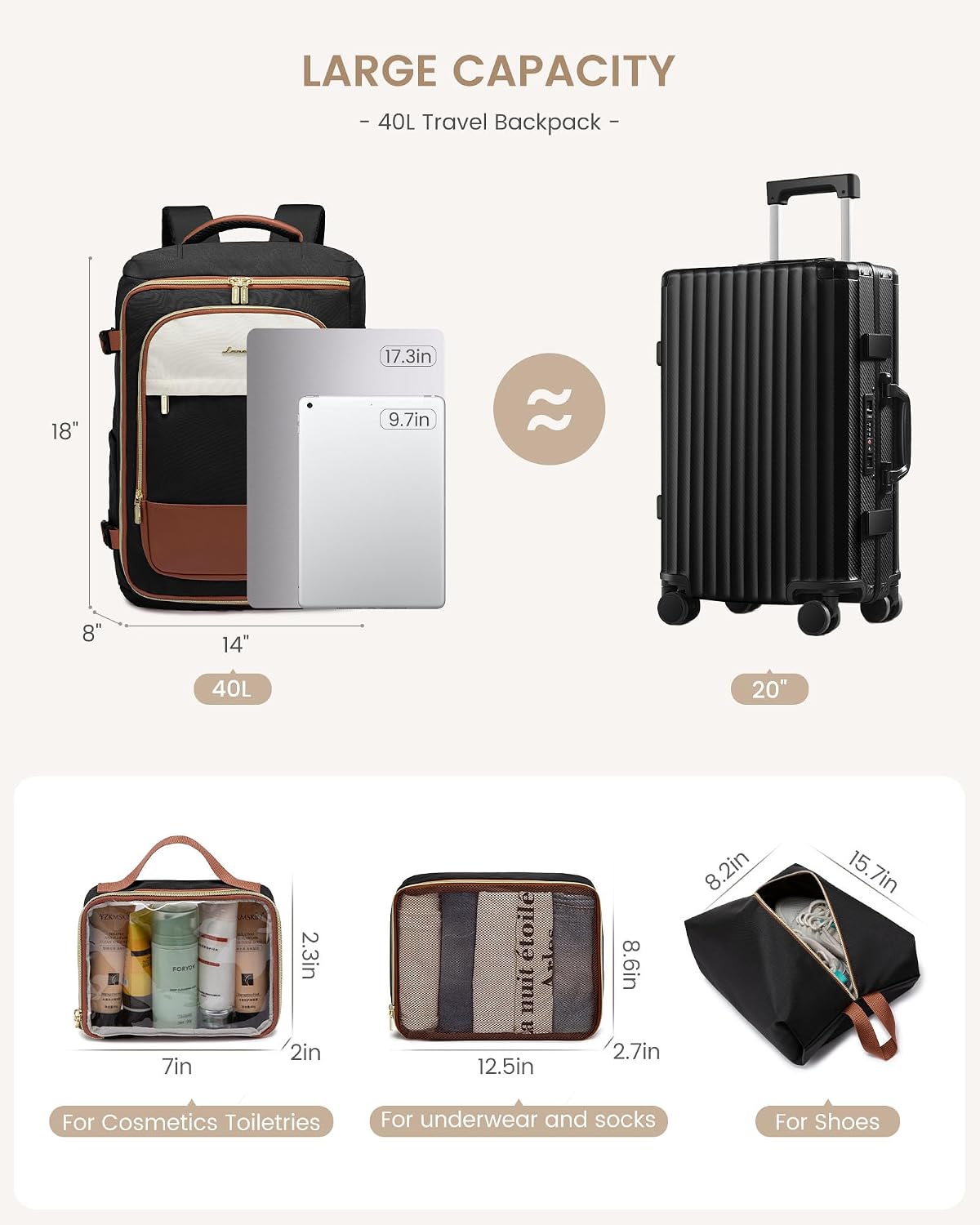 MOCHILA DE VIAJE LOVEVOOK 40L CON COMPARTIMENTOS Y RESISTENTE AL AGUA PARA LAPTOP 17 PULGADAS - 4