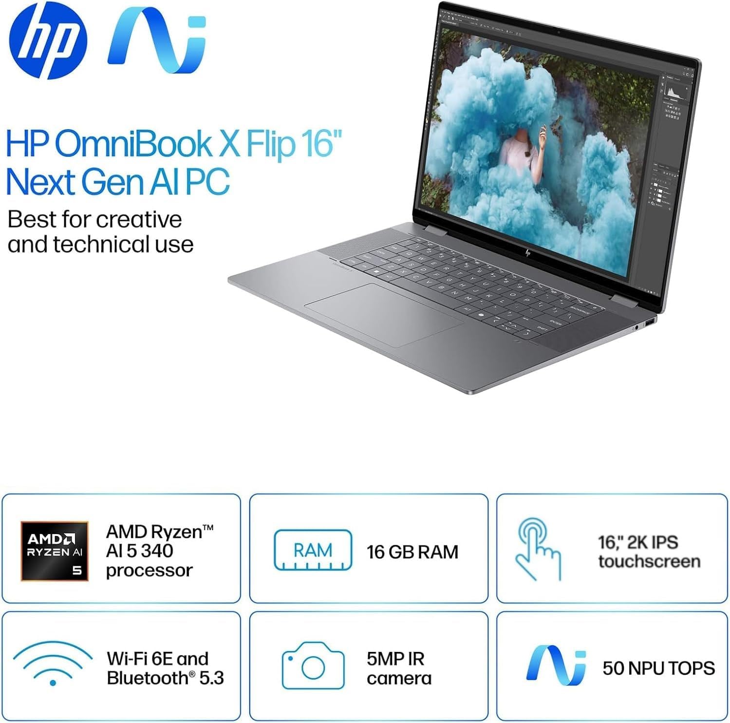 LAPTOP HP OMNIBOOK X FLIP 16' 2K TOUCHSCREEN AMD RYZEN 5 340 16GB RAM 1TB SSD WINDOWS 11 PRO METEOR SILVER - 2