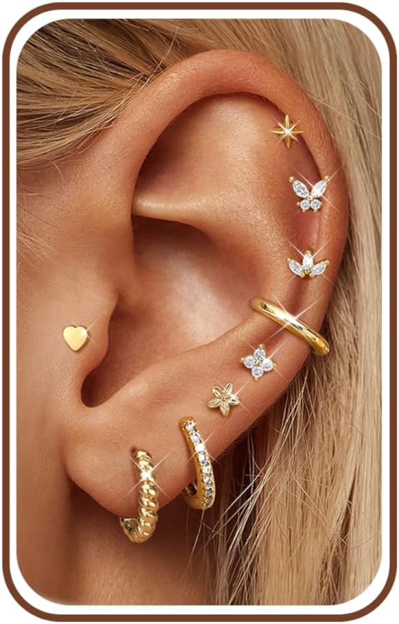 ARETES DOCHAIS 14K GOLD PLATED ACERO QUIRÚRGICO 9 PARES AROS PEQUEÑOS PARA CARTÍLAGO - 1