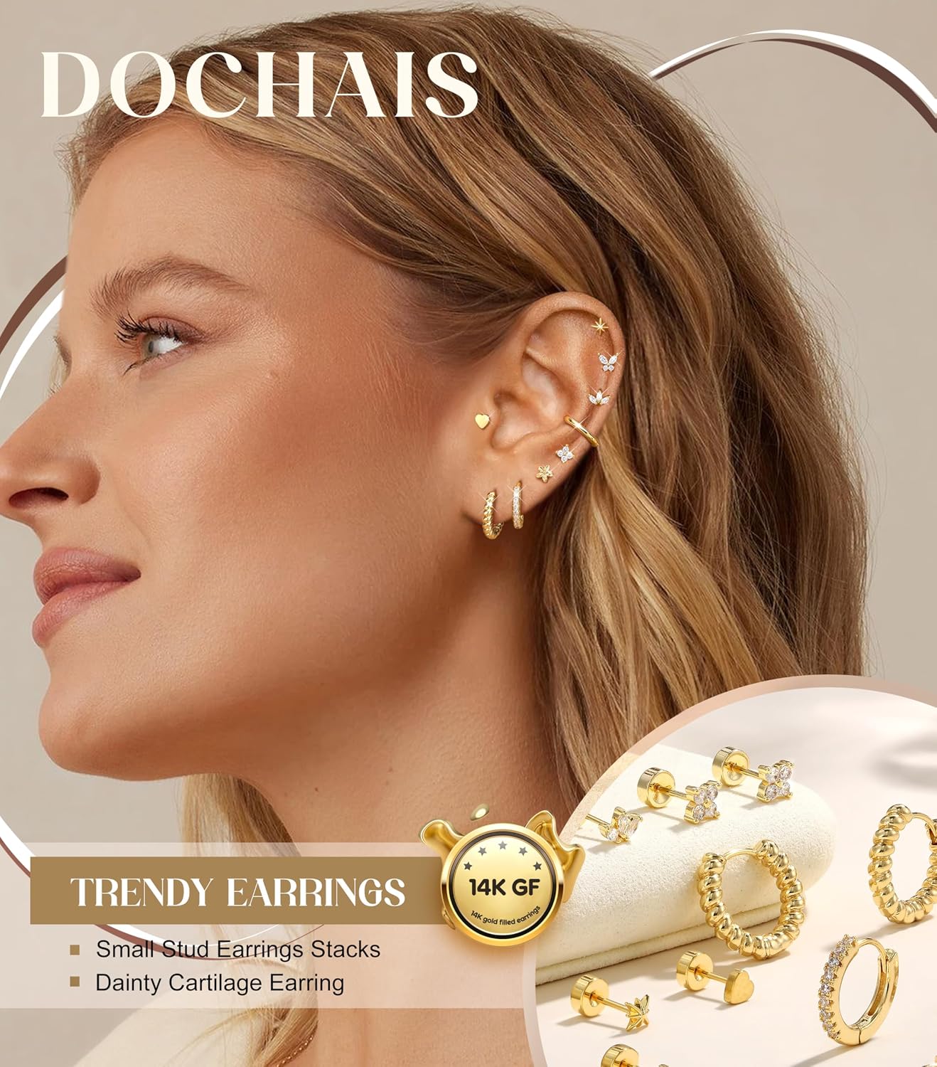 ARETES DOCHAIS 14K GOLD PLATED ACERO QUIRÚRGICO 9 PARES AROS PEQUEÑOS PARA CARTÍLAGO - 2