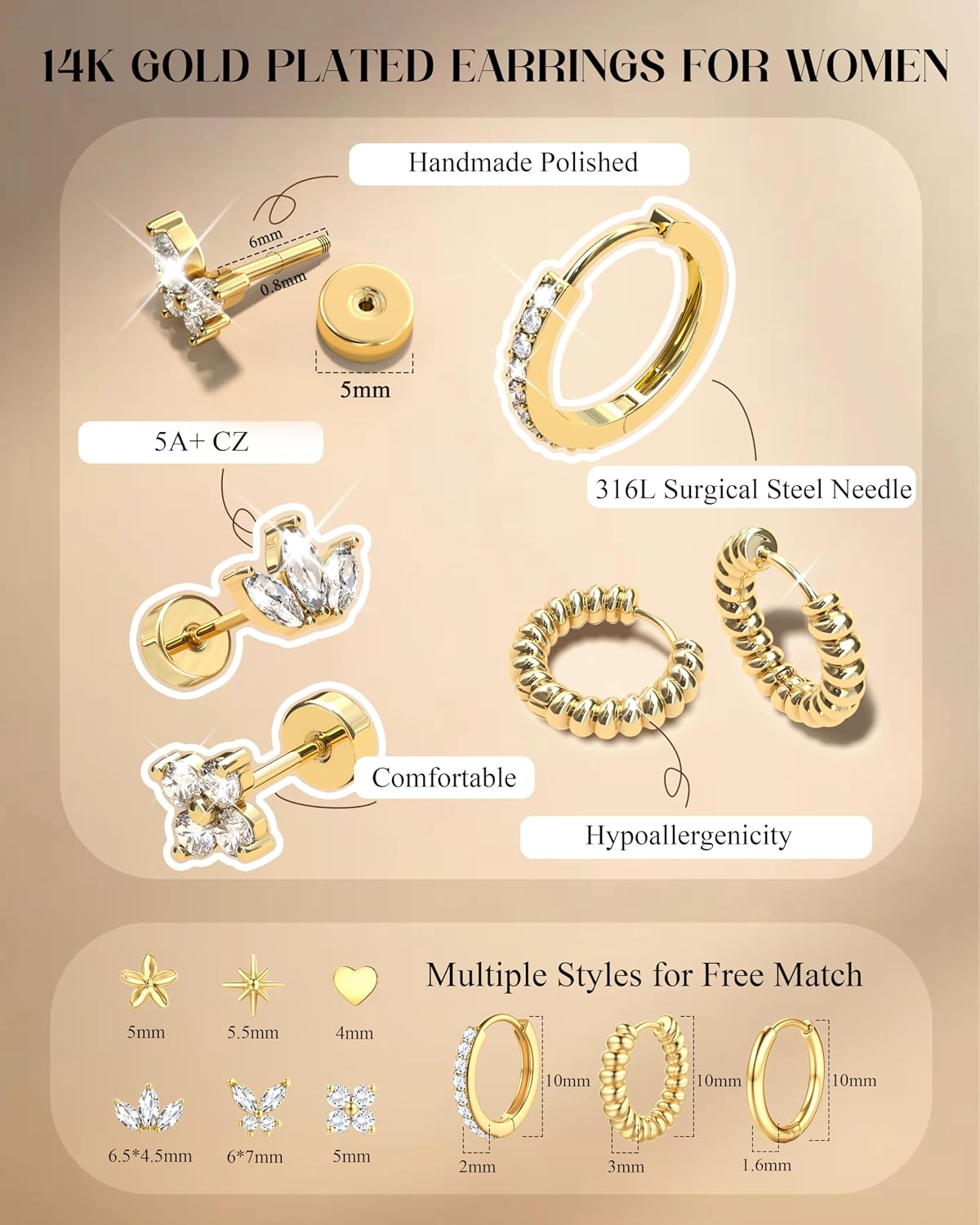 ARETES DOCHAIS 14K GOLD PLATED ACERO QUIRÚRGICO 9 PARES AROS PEQUEÑOS PARA CARTÍLAGO - 4