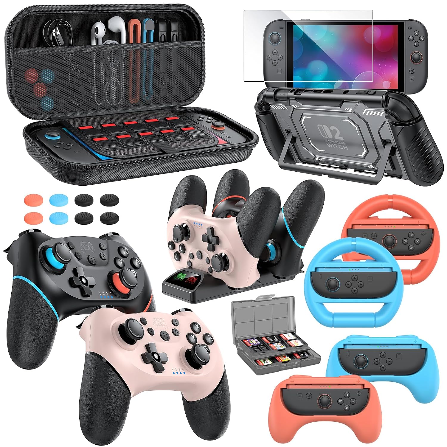 KIT DE ACCESORIOS SWITCH 2 PRO CONTROLLER MENEEA NEGRO Y ROSA - 1