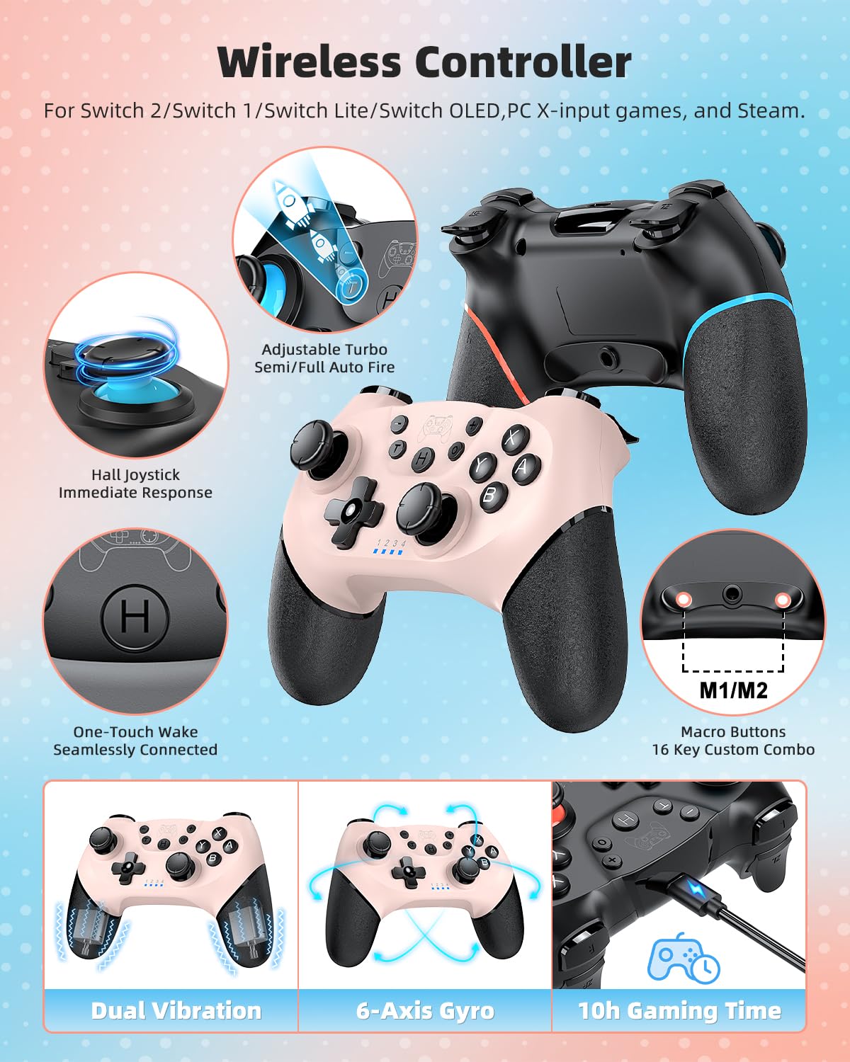 KIT DE ACCESORIOS SWITCH 2 PRO CONTROLLER MENEEA NEGRO Y ROSA - 4