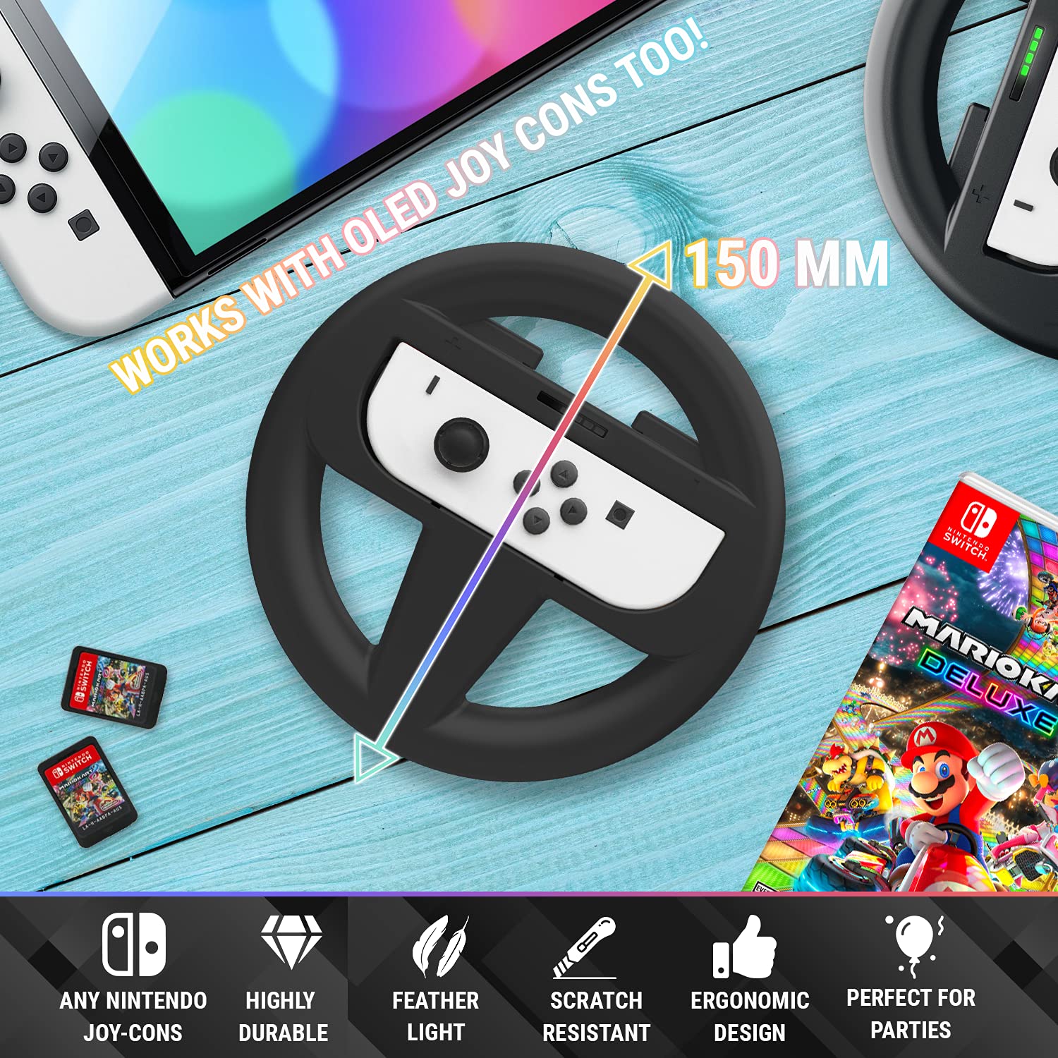 VOLANTES ORZLY PARA NINTENDO SWITCH Y SWITCH OLED JOYCONS MARIO KART 8 DELUXE PACK X2 NEGRO - 3