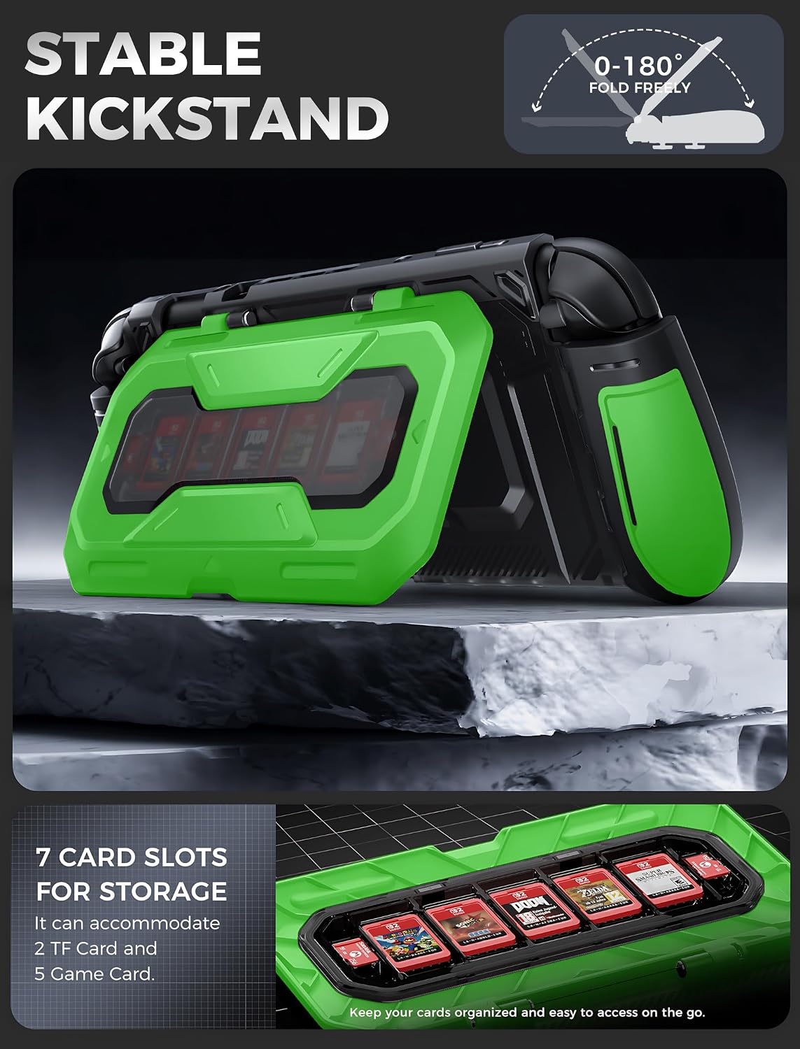 FUNDA MUMBA TITAN PARA NINTENDO SWITCH 2 CON SOPORTE Y 7 RANURAS PARA TARJETAS VERDE - 3