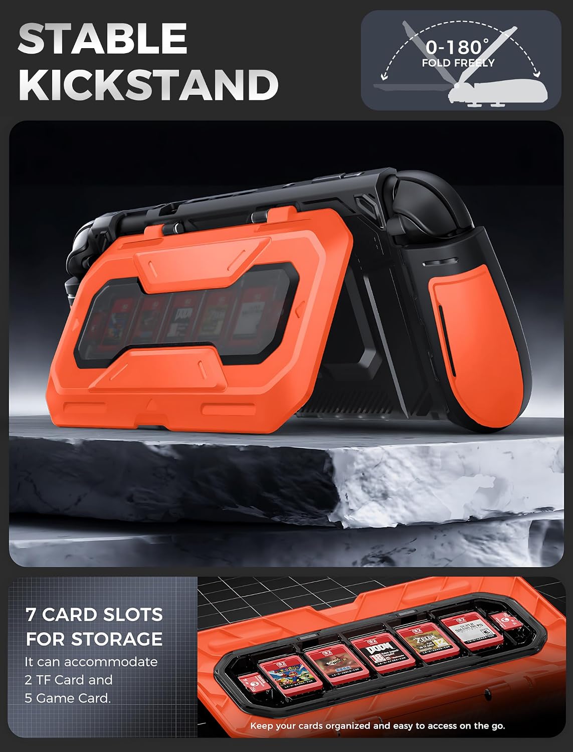 FUNDA MUMBA TITAN PARA NINTENDO SWITCH 2 CON SOPORTE Y 7 RANURAS PARA TARJETAS NARANJA - 3