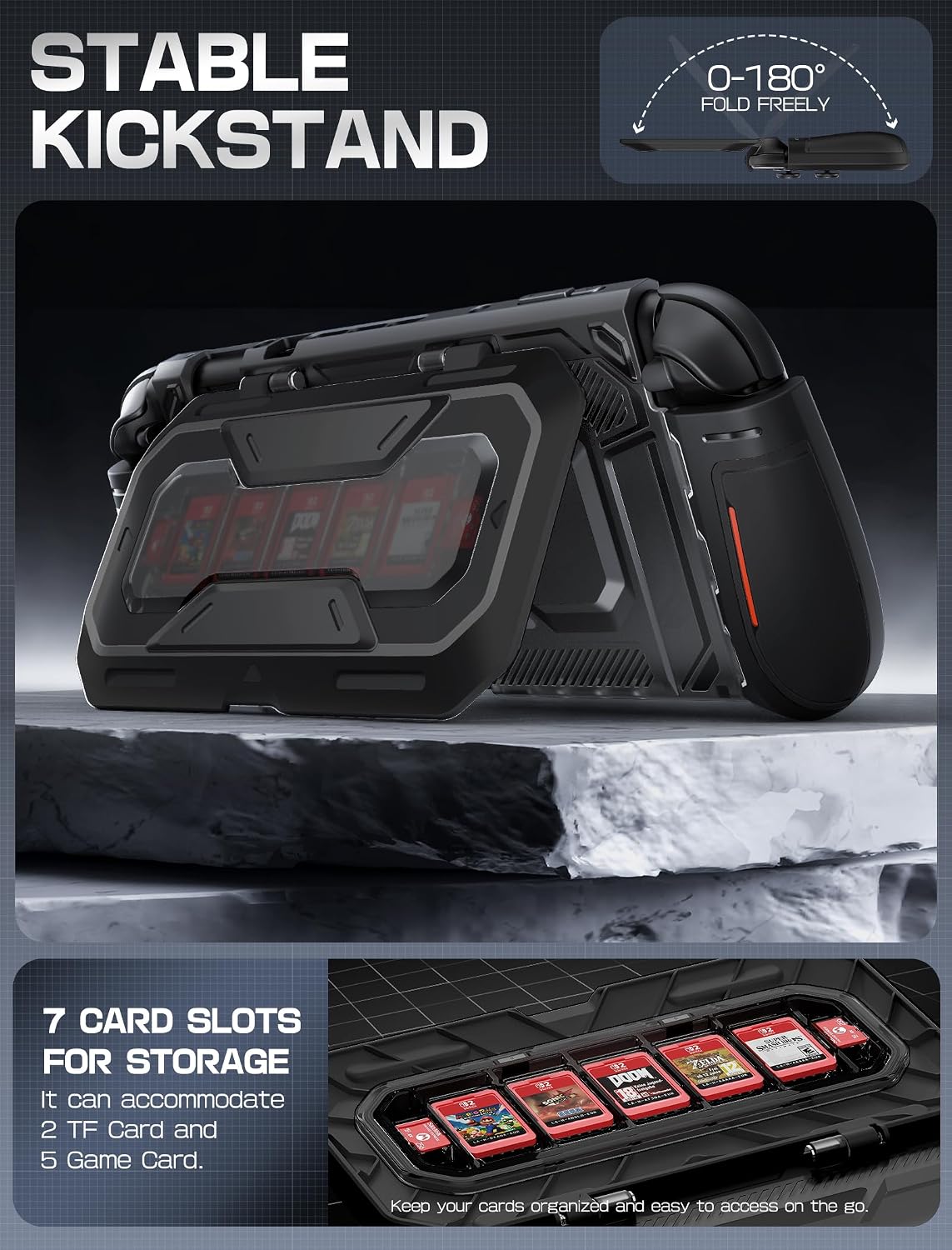 FUNDA MUMBA TITAN PARA NINTENDO SWITCH 2 CON SOPORTE Y 7 RANURAS PARA TARJETAS, NEGRA - 2