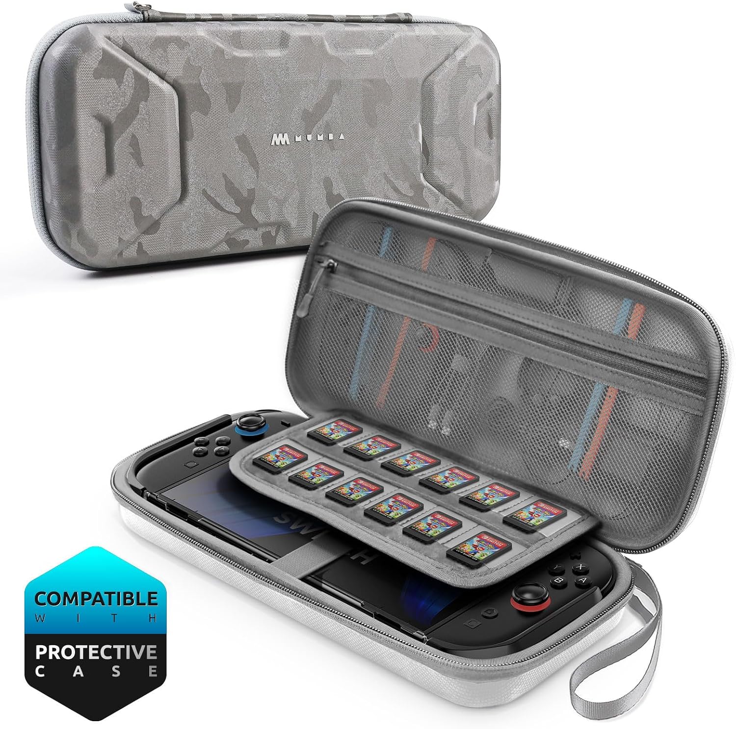 ESTUCHE RÍGIDO MUMBA PARA NINTENDO SWITCH 2 CON CAPACIDAD PARA CONSOLA Y ACCESORIOS CAMUFLADO GRIS - 1