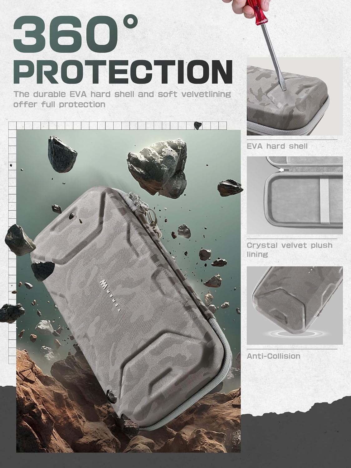 ESTUCHE RÍGIDO MUMBA PARA NINTENDO SWITCH 2 CON CAPACIDAD PARA CONSOLA Y ACCESORIOS CAMUFLADO GRIS - 4
