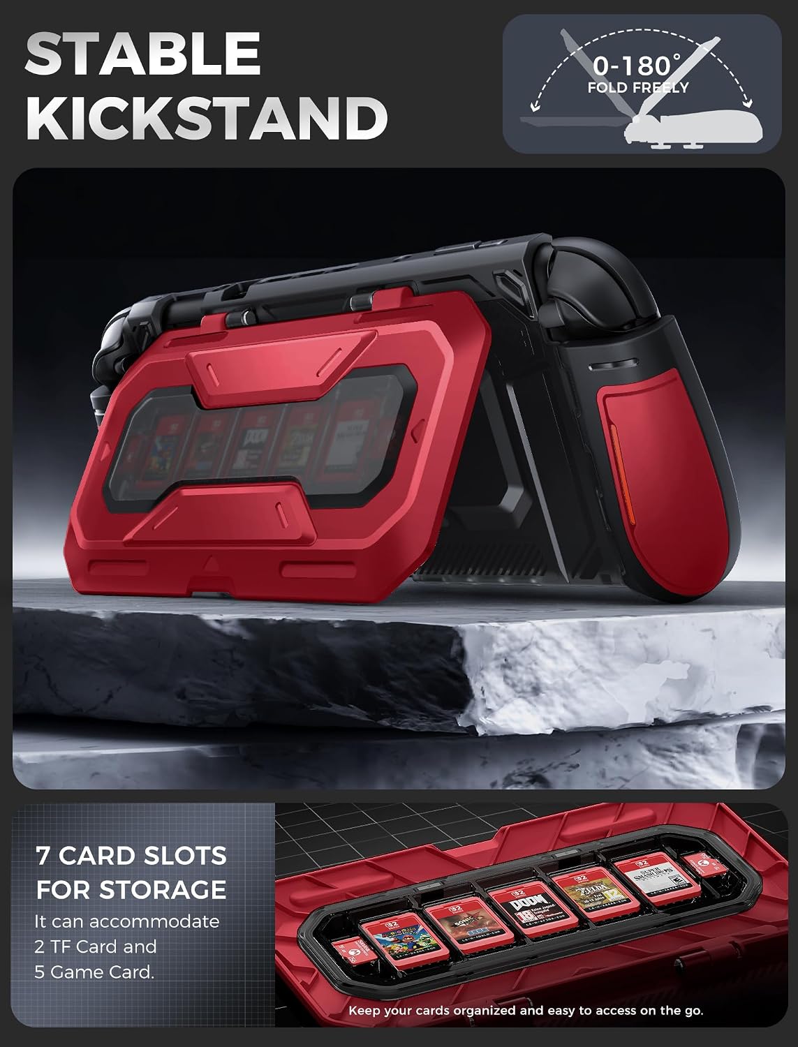 FUNDA MUMBA TITAN PARA NINTENDO SWITCH 2 CON SOPORTE Y 7 RANURAS PARA TARJETAS, COLOR ROJO - 4
