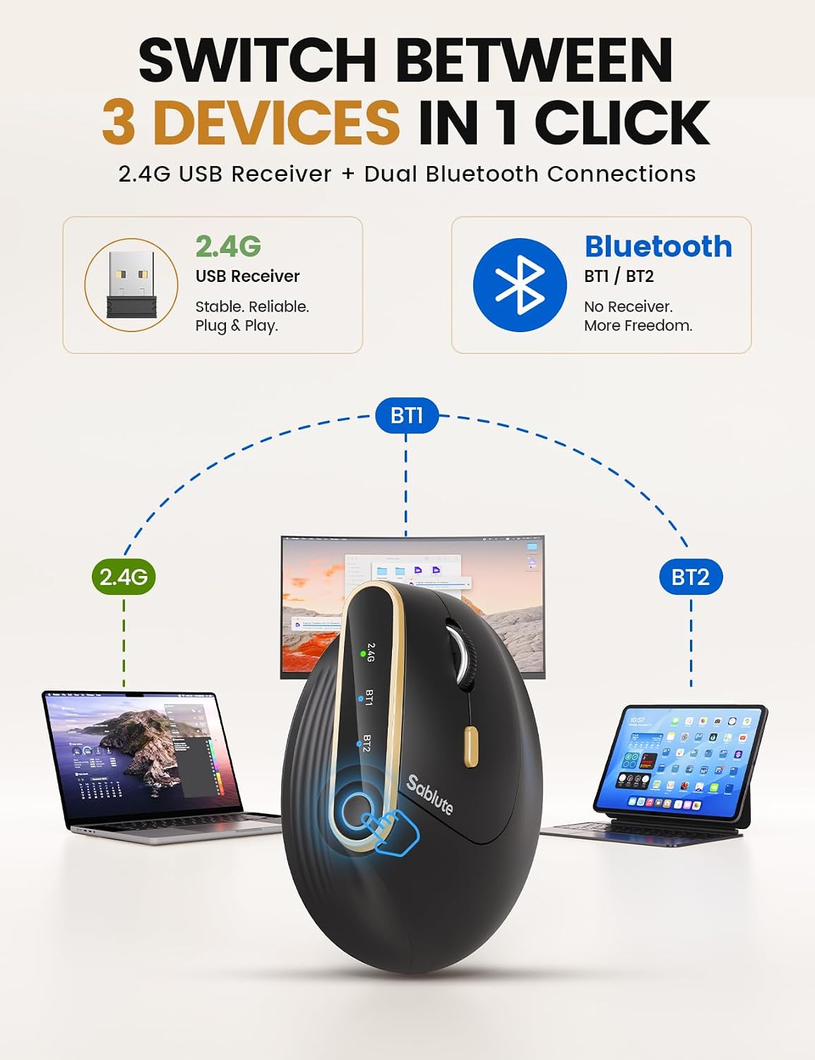MOUSE ERGONÓMICO INALÁMBRICO SABLUTE MAM4 PARA MANOS MEDIANAS Y GRANDES - 3
