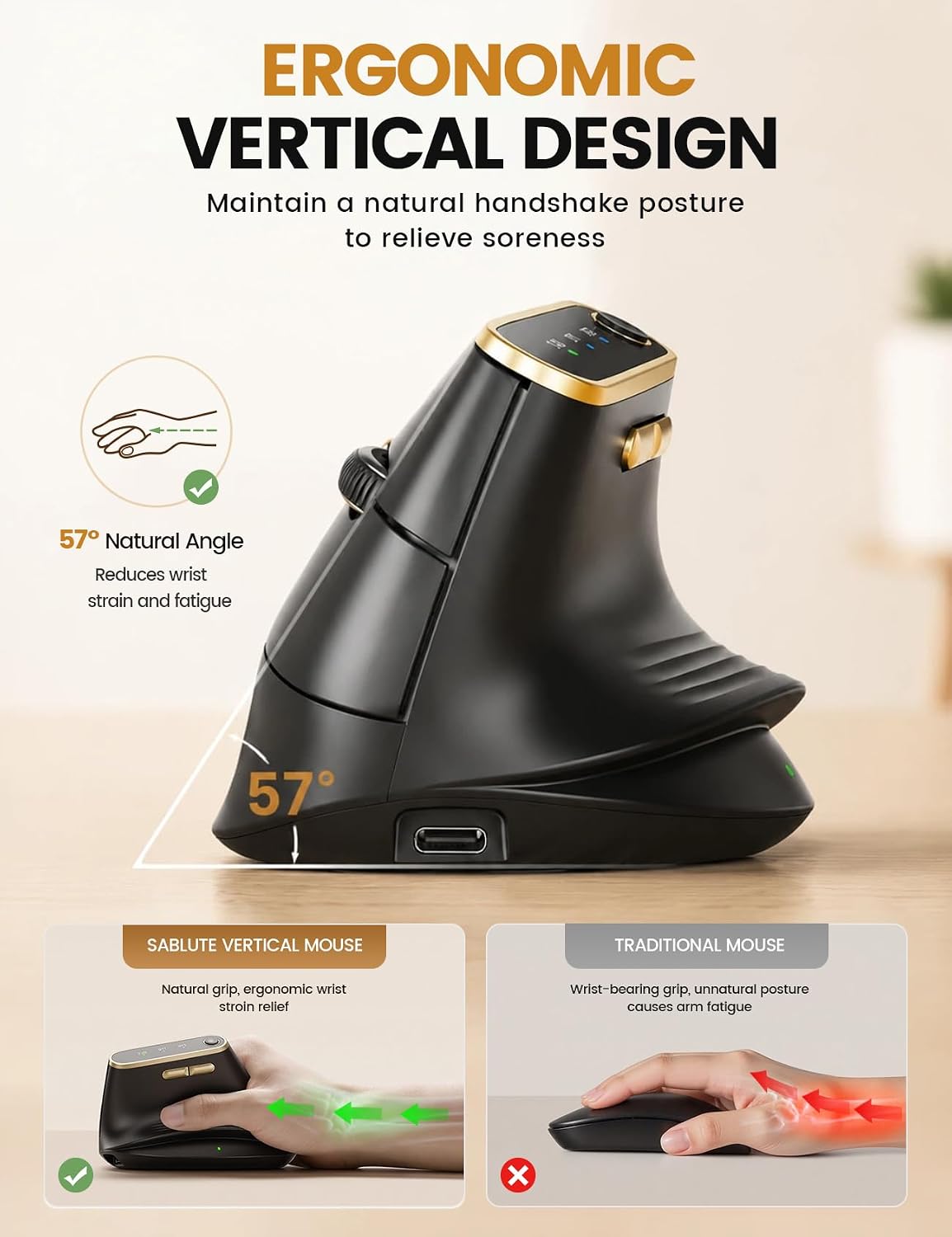 MOUSE ERGONÓMICO INALÁMBRICO SABLUTE MAM4 PARA MANOS MEDIANAS Y GRANDES - 5
