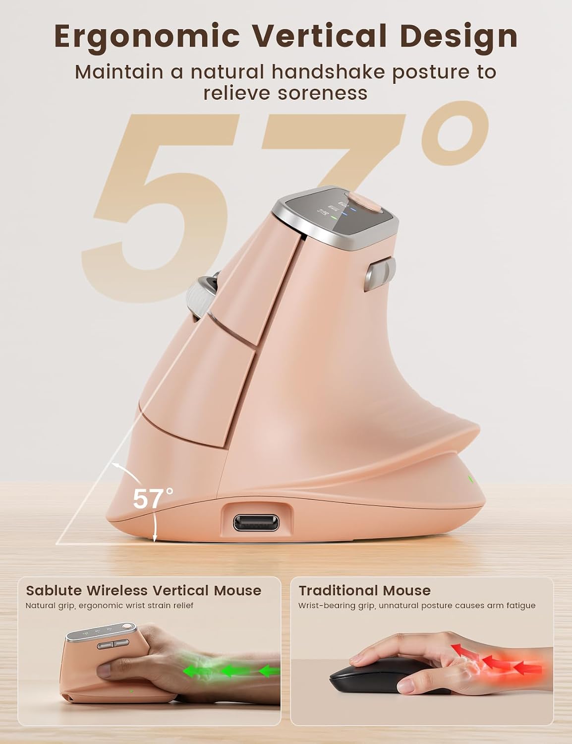 MOUSE ERGONÓMICO VERTICAL INALÁMBRICO SABLUTE MAM4 CON CAMBIO ENTRE 3 DISPOSITIVOS - 3