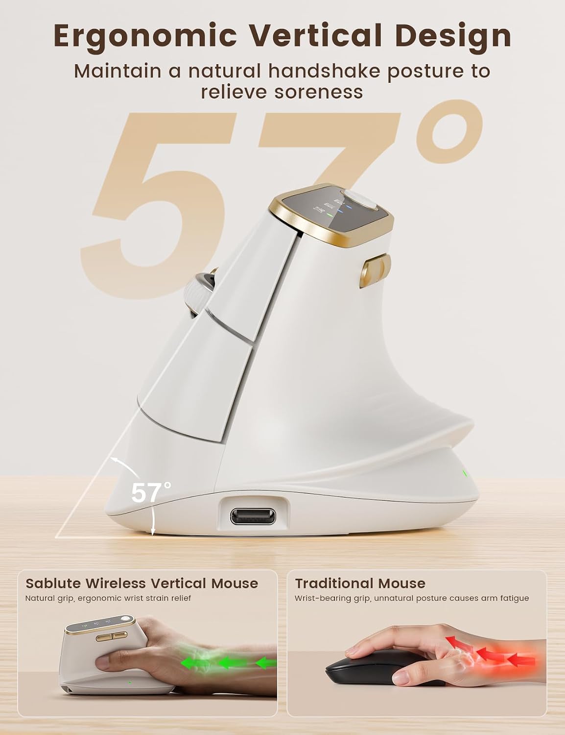 MOUSE ERGONÓMICO VERTICAL SABLUTE MAM4 INALÁMBRICO CON CAMBIO ENTRE 3 DISPOSITIVOS SOFT WHITE - 3