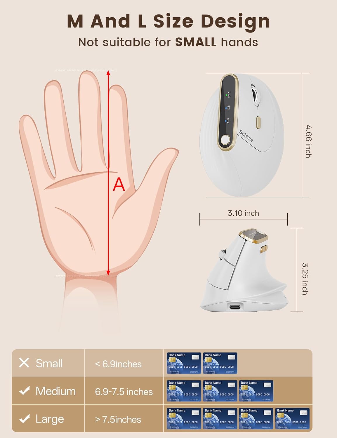 MOUSE ERGONÓMICO VERTICAL SABLUTE MAM4 INALÁMBRICO CON CAMBIO ENTRE 3 DISPOSITIVOS SOFT WHITE - 4