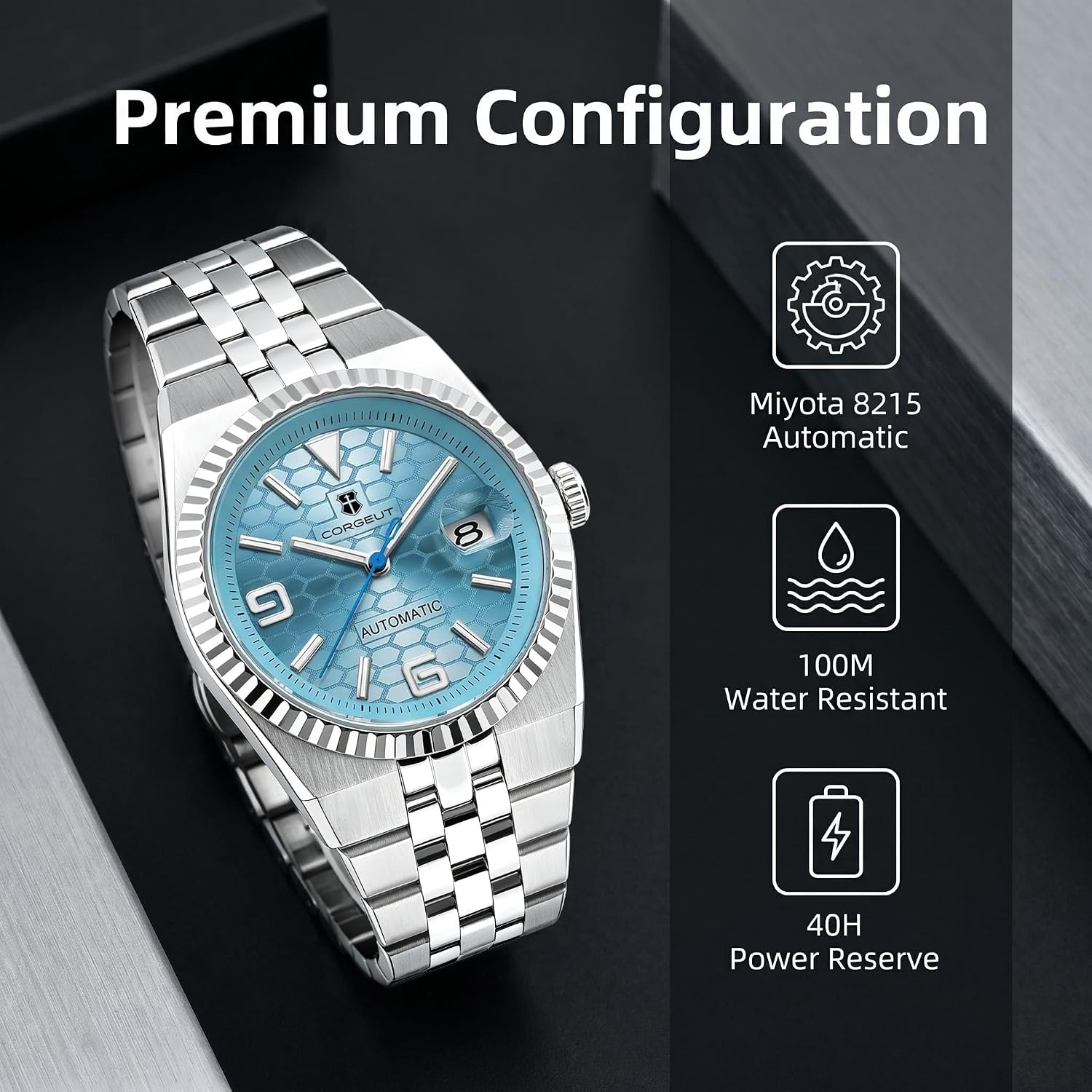 RELOJ DE PULSERA CORGEUT AUTOMATIC DIVER 40MM CRISTAL ZAFIRO 100M RESISTENTE AL AGUA ESFERA LUMINOSA - 2