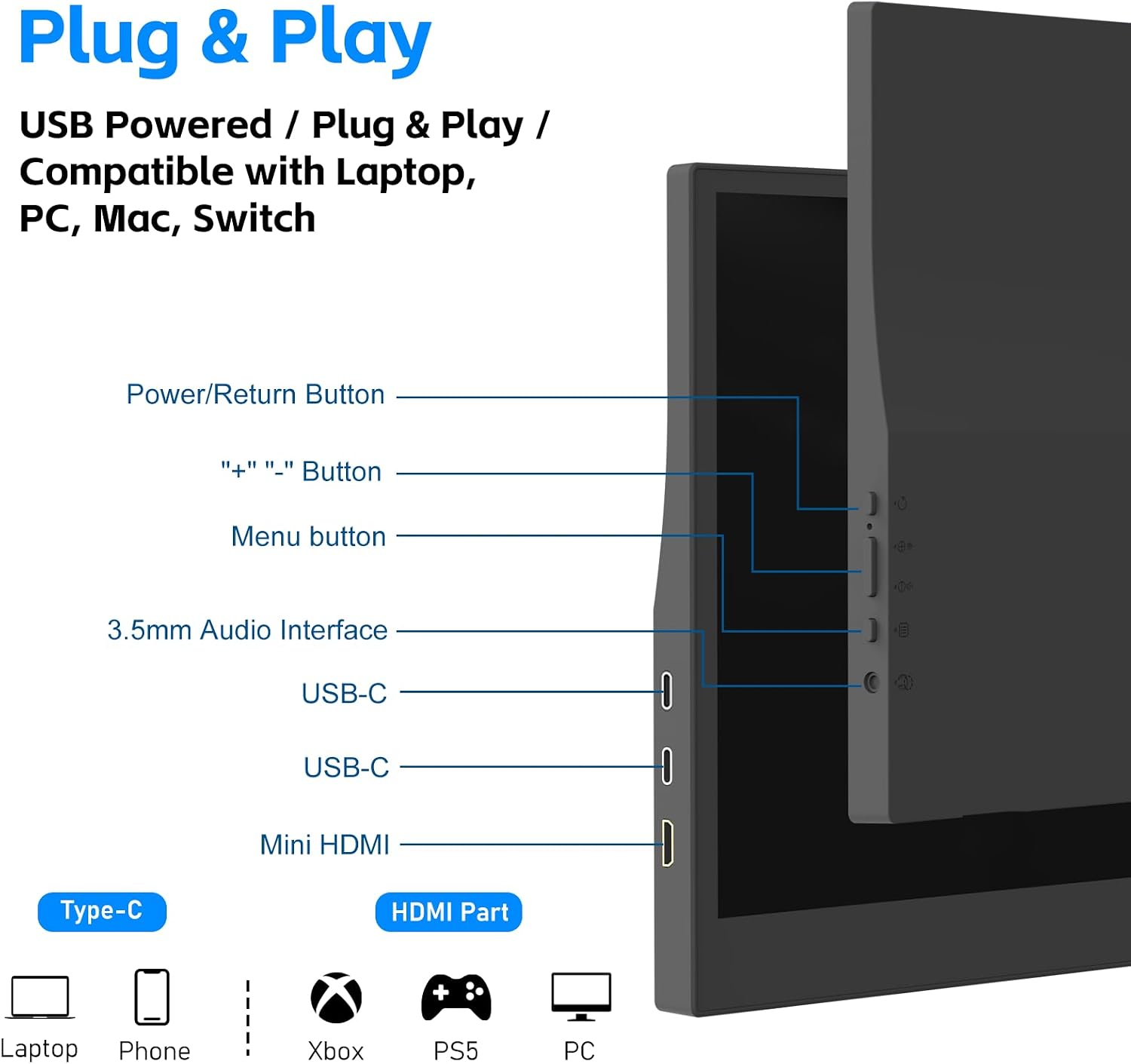 MONITOR PORTÁTIL JUSTTHINK 15.6 PULGADAS USB-C HDMI - 5