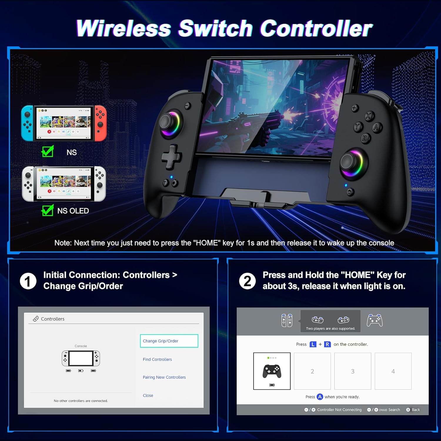 CONTROL INALÁMBRICO GAMMEEFY SWITCH CON JOYSTICKS HALL EFFECT Y LUZ RGB NEGRA 6.2'/7' - 4