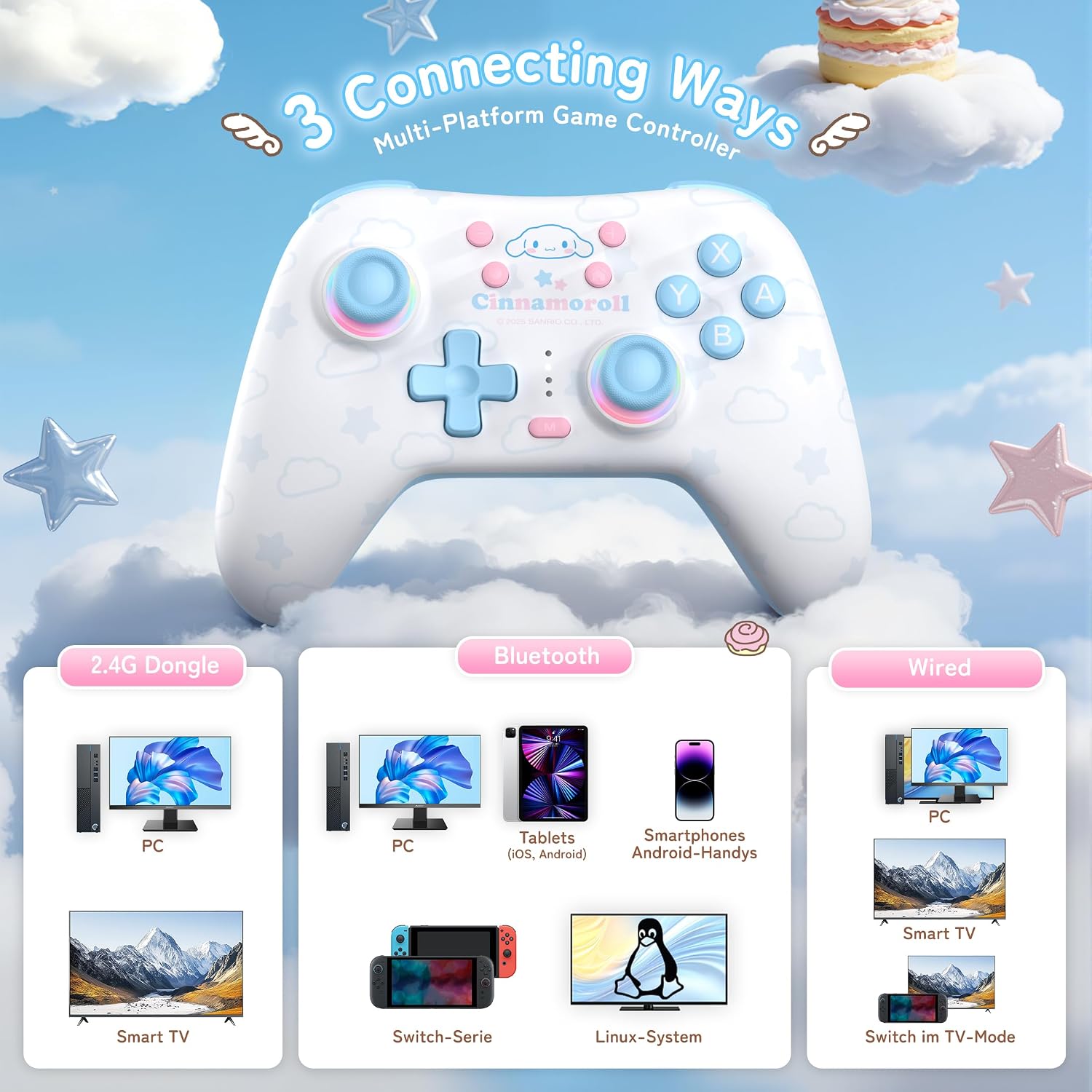 CONTROL INALÁMBRICO KUITMOR CINNAMOROLL SWITCH PRO BLUETOOTH Y USB-C AZUL - 2