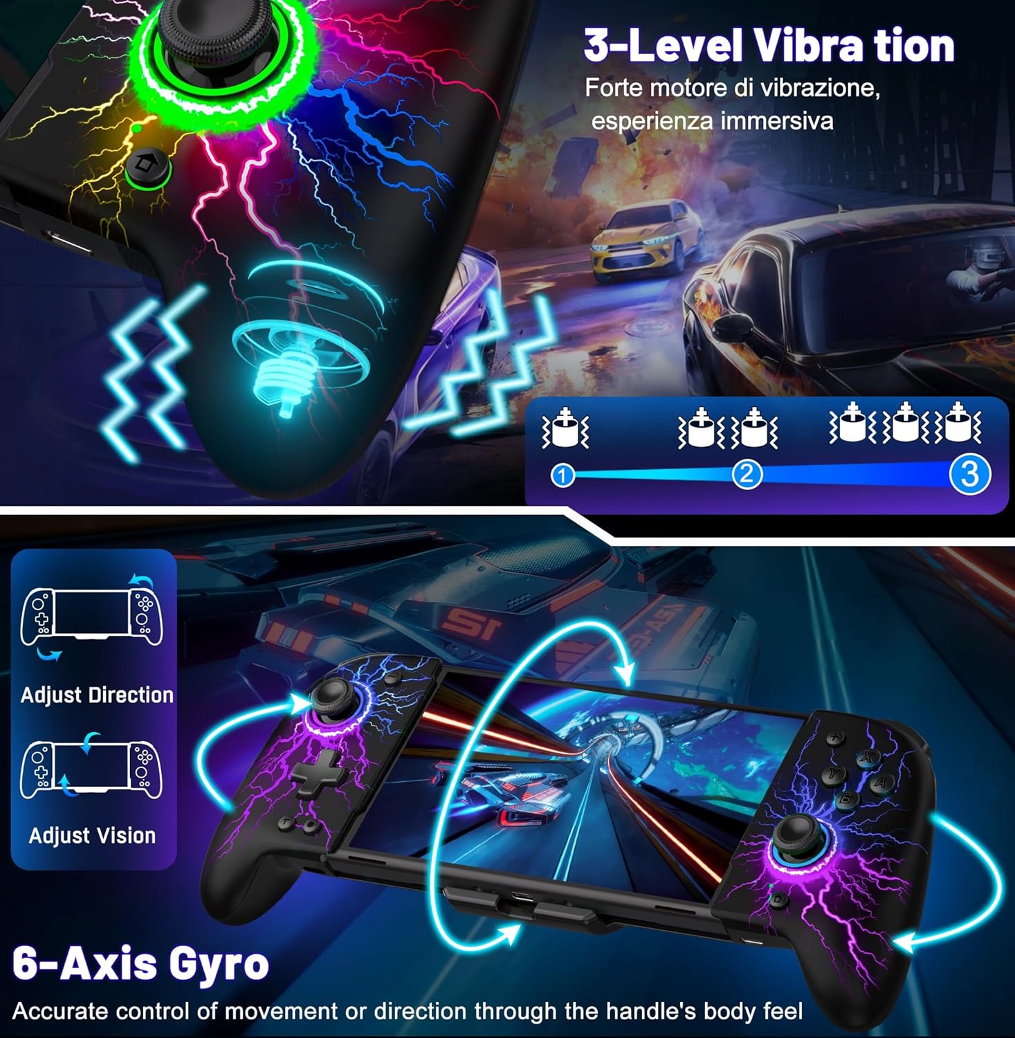 CONTROL INALÁMBRICO GAMMEEFY SWITCH CON JOYSTICKS HALL EFFECT Y LUZ RGB - 5