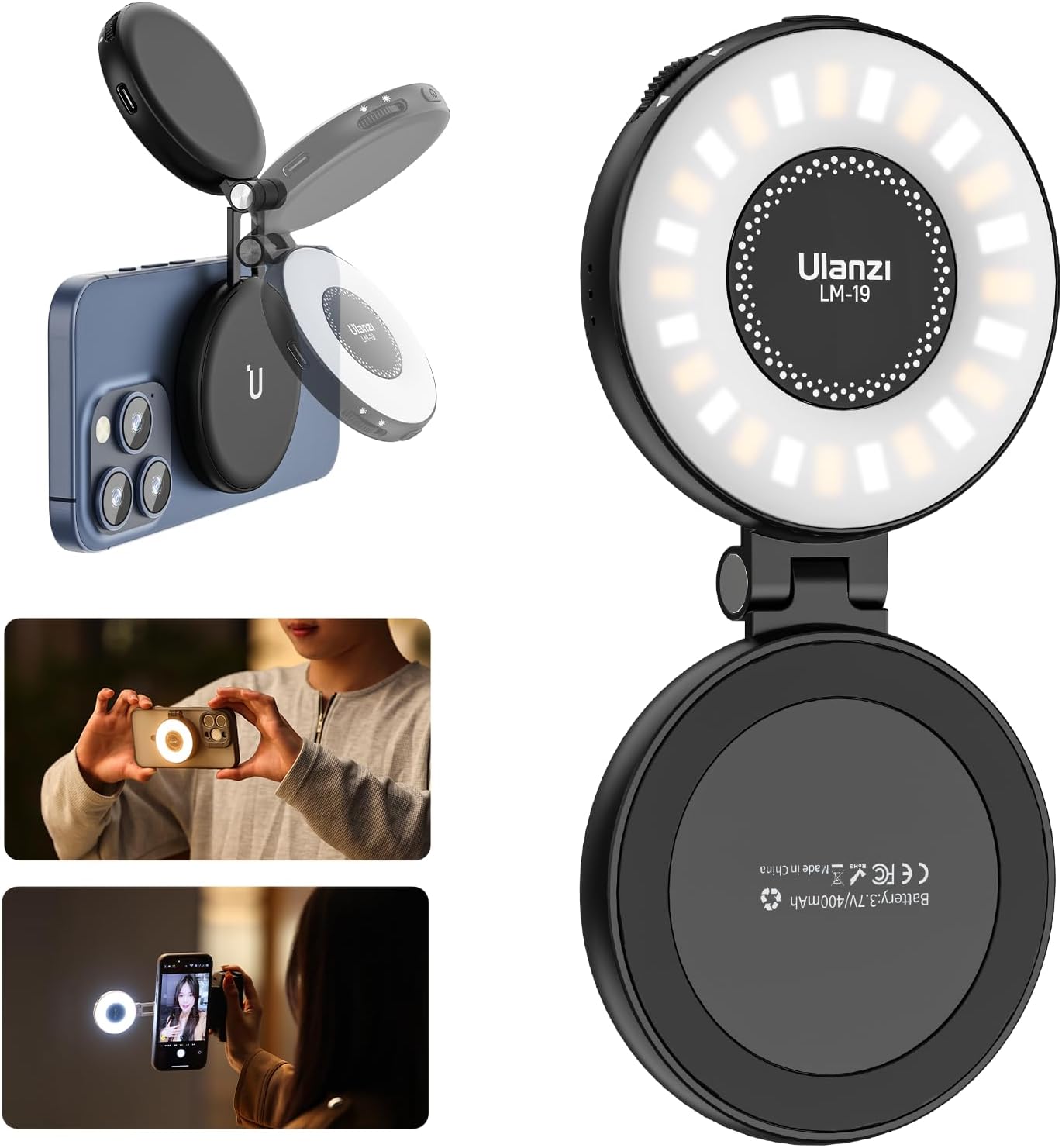 ILUMINADOR ULANZI LM19 LUZ SELFIE MAGNÉTICA PARA TELÉFONO NEGRO - 1