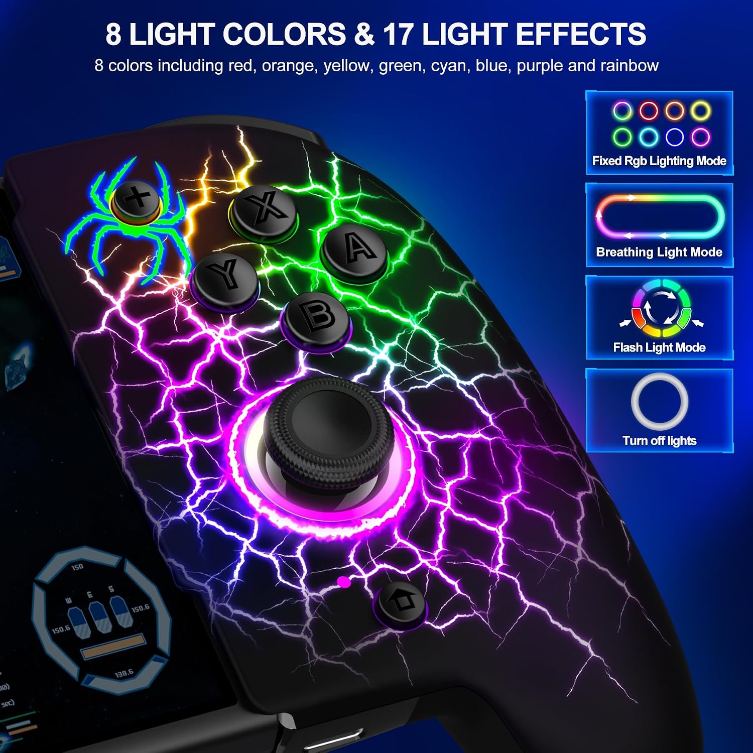 CONTROL INALÁMBRICO GAMMEEFY SWITCH CON JOYSTICKS HALL EFFECT Y LUZ RGB SPIDER SILK - 3