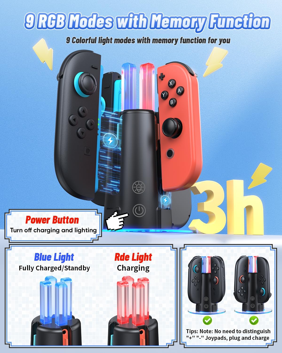 CARGADOR PARA CONTROLES NINTENDO SWITCH FASTSNAIL MATTE BLACK - 3