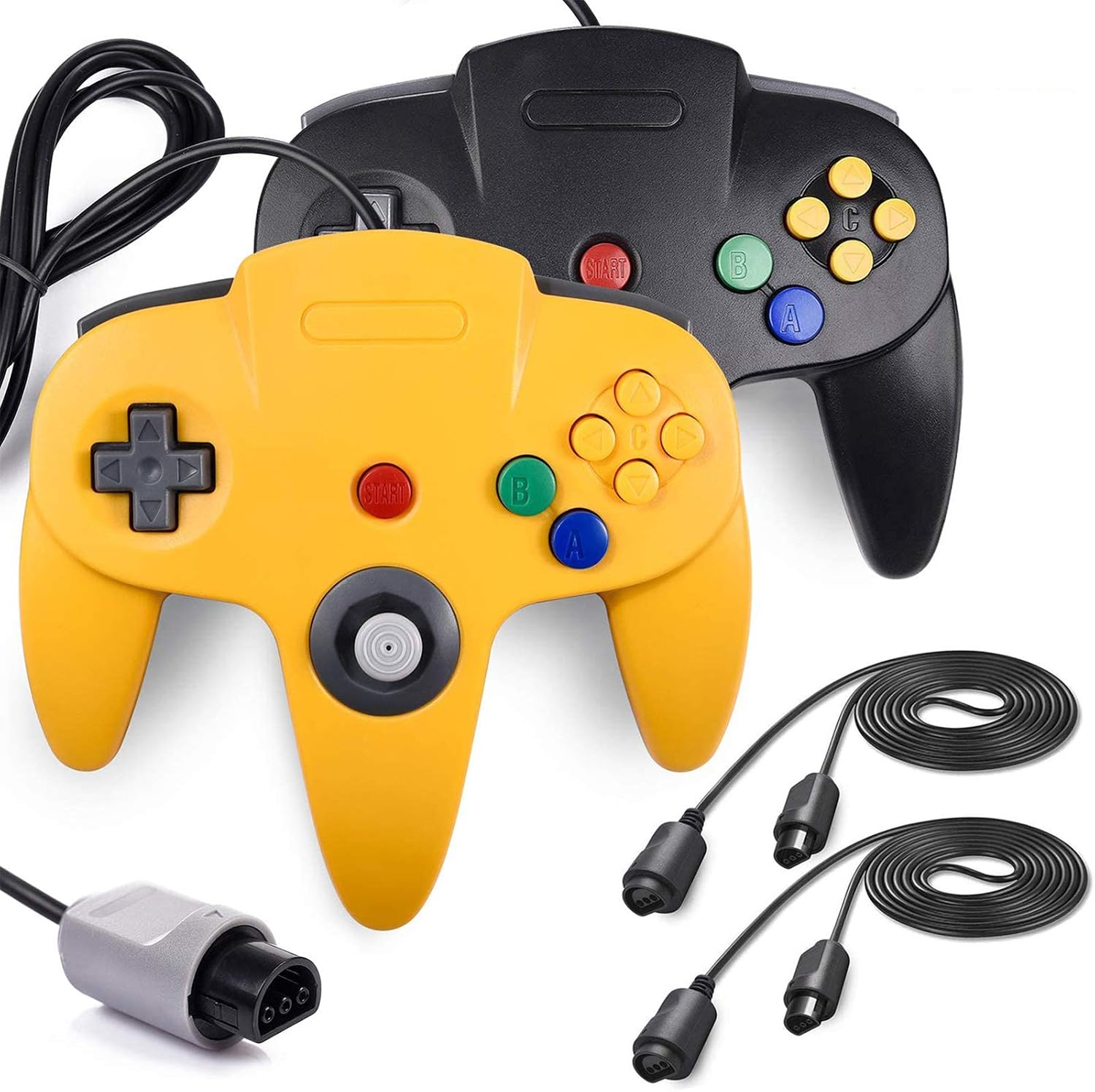 CONTROLADORES CON CABLE MIADORE CLASSIC 64 PARA CONSOLA N64 2 UNIDADES CON 2 CABLES DE EXTENSIÓN 1.8 M AMARILLO Y NEGRO - 1