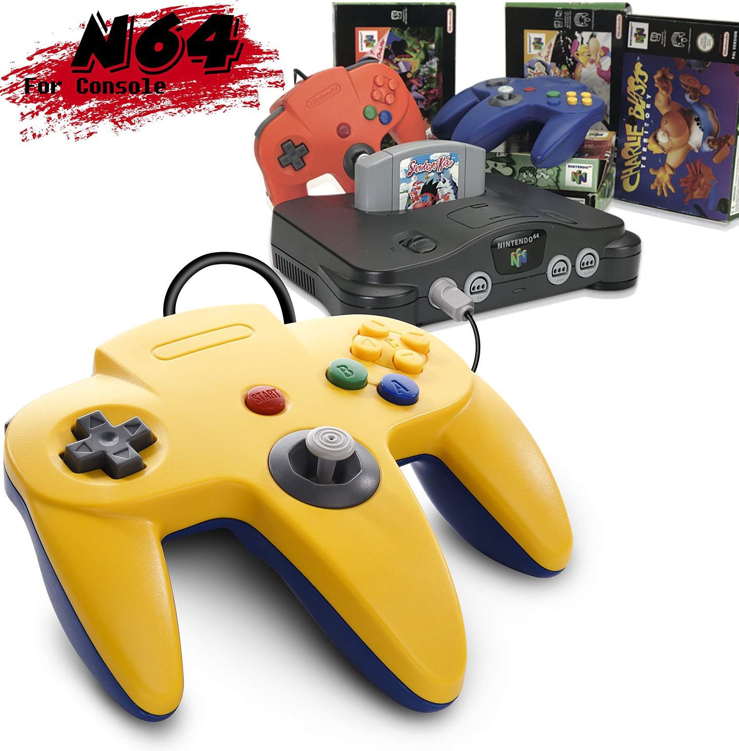 CONTROLADORES CON CABLE MIADORE CLASSIC 64 PARA CONSOLA N64 2 UNIDADES CON 2 CABLES DE EXTENSIÓN 1.8 M AMARILLO Y NEGRO - 2