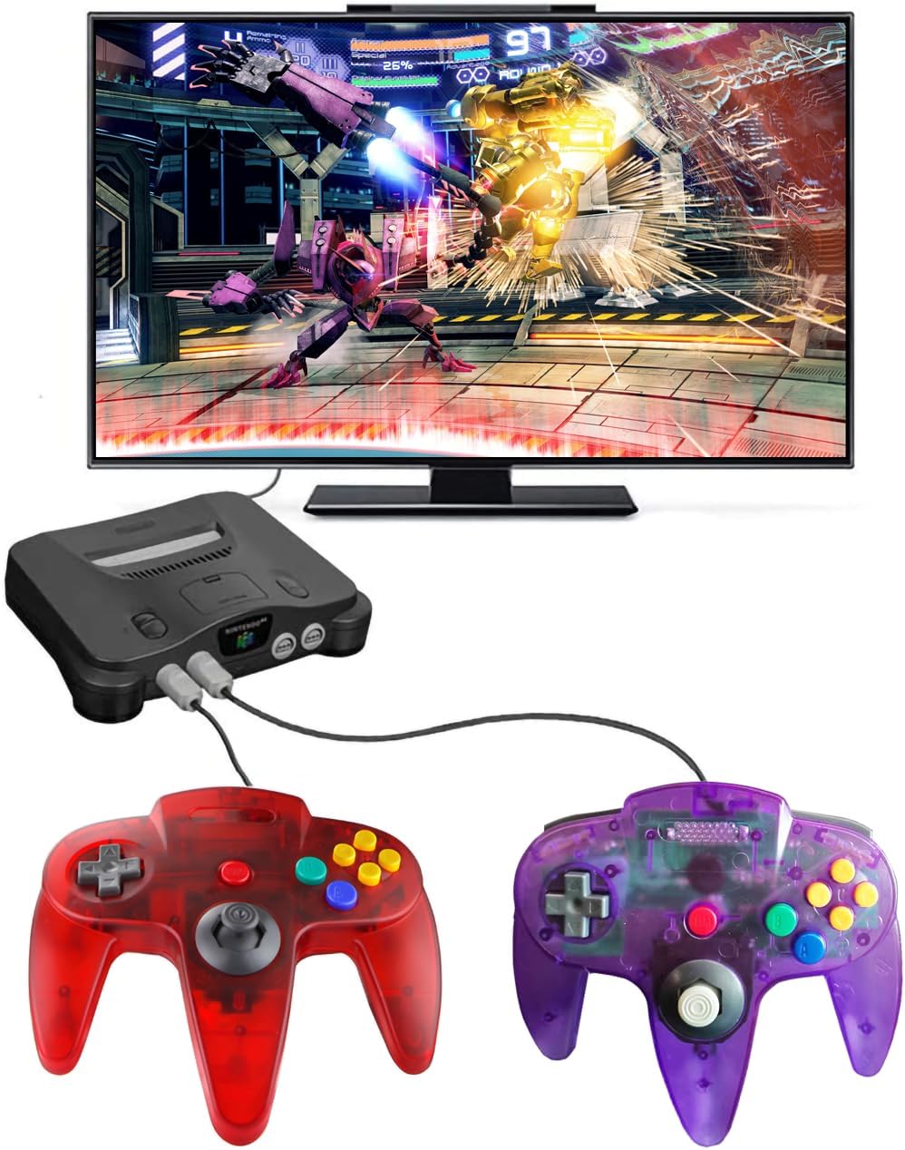 CONTROL CLÁSICO ZEROSTORY PARA N64 CON CABLE ROJO Y PÚRPURA TRANSPARENTE - 5