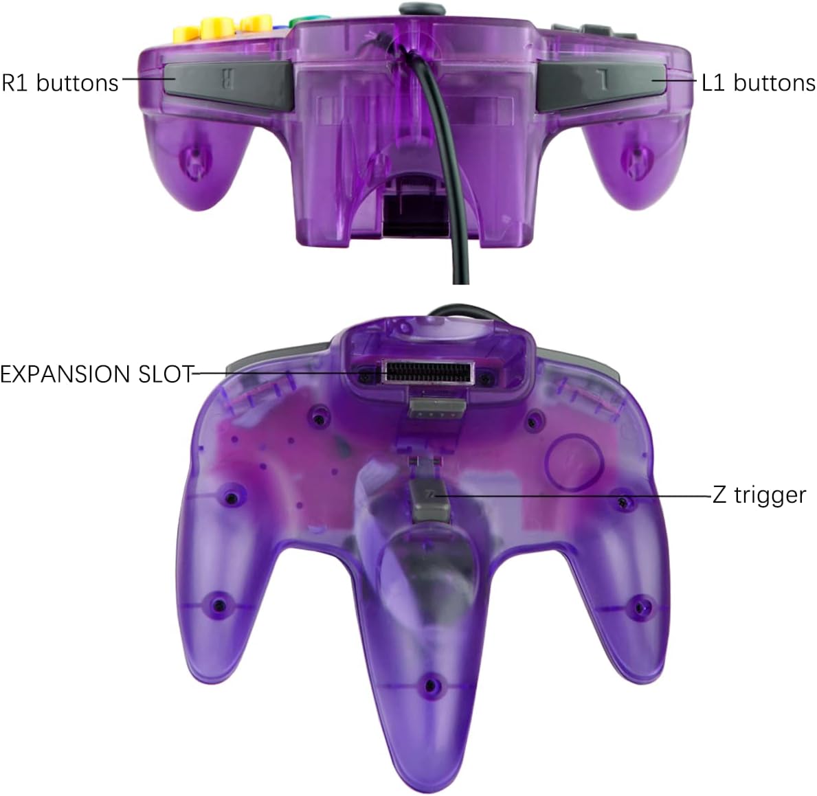 CONTROL CLÁSICO ZEROSTORY PARA N64 CON CABLE VERDE Y PÚRPURA TRANSPARENTE - 3