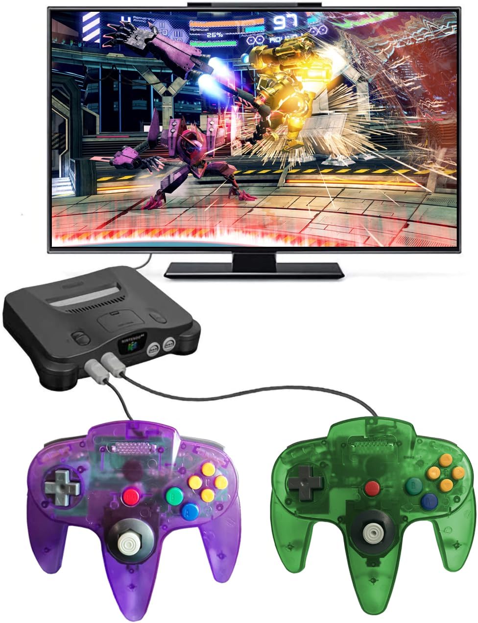 CONTROL CLÁSICO ZEROSTORY PARA N64 CON CABLE VERDE Y PÚRPURA TRANSPARENTE - 5