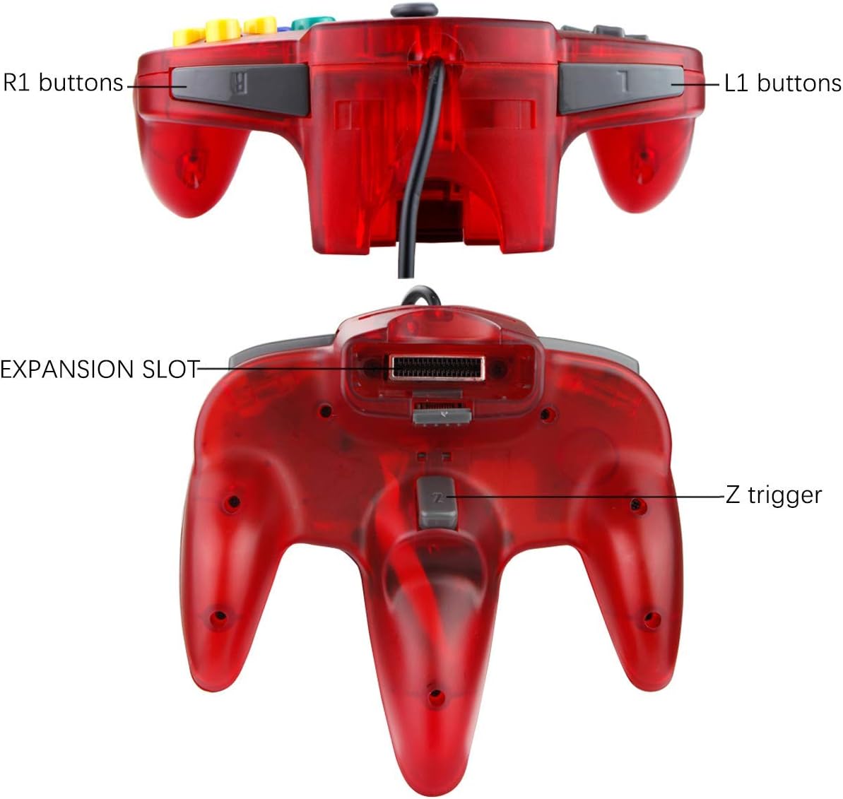 CONTROL CLÁSICO ZEROSTORY N64 CON CABLE TRANSPARENTE ROJO Y AZUL - 3