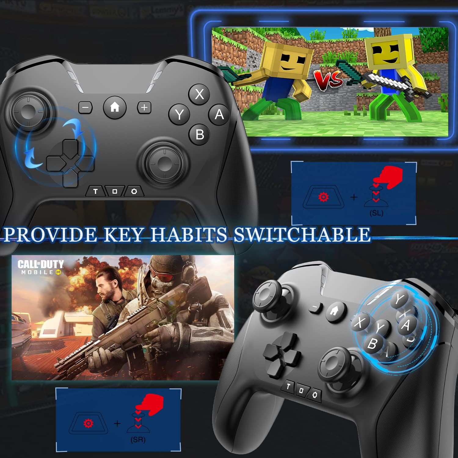 CONTROL BLUETOOTH UNIHOW PARA SWITCH/MAC/PC/STEAM/MÓVIL/IOS/ANDROID/TV/IPAD CON TURBO Y GIROSCOPIO 6 EJES NEGRO - 3