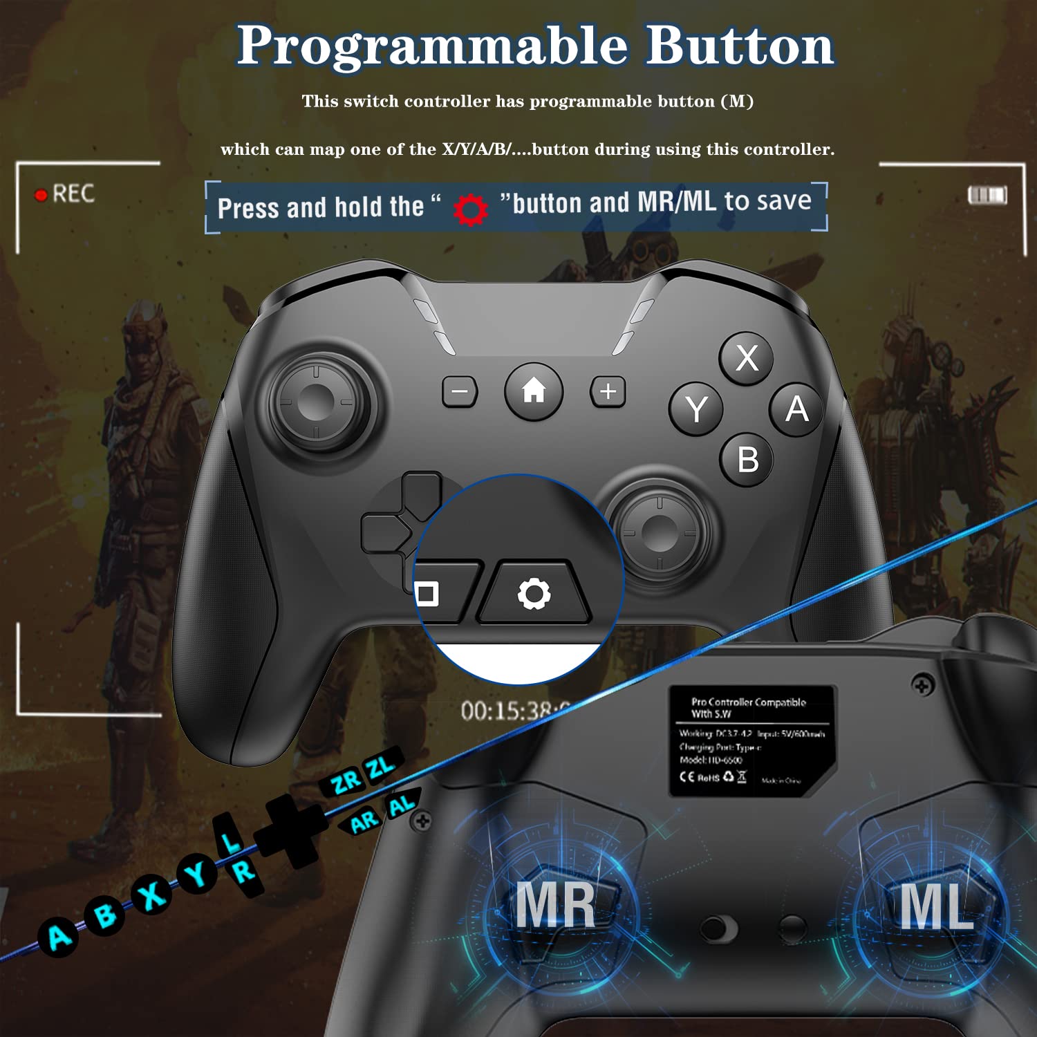CONTROL BLUETOOTH UNIHOW PARA SWITCH/MAC/PC/STEAM/MÓVIL/IOS/ANDROID/TV/IPAD CON TURBO Y GIROSCOPIO 6 EJES NEGRO - 4