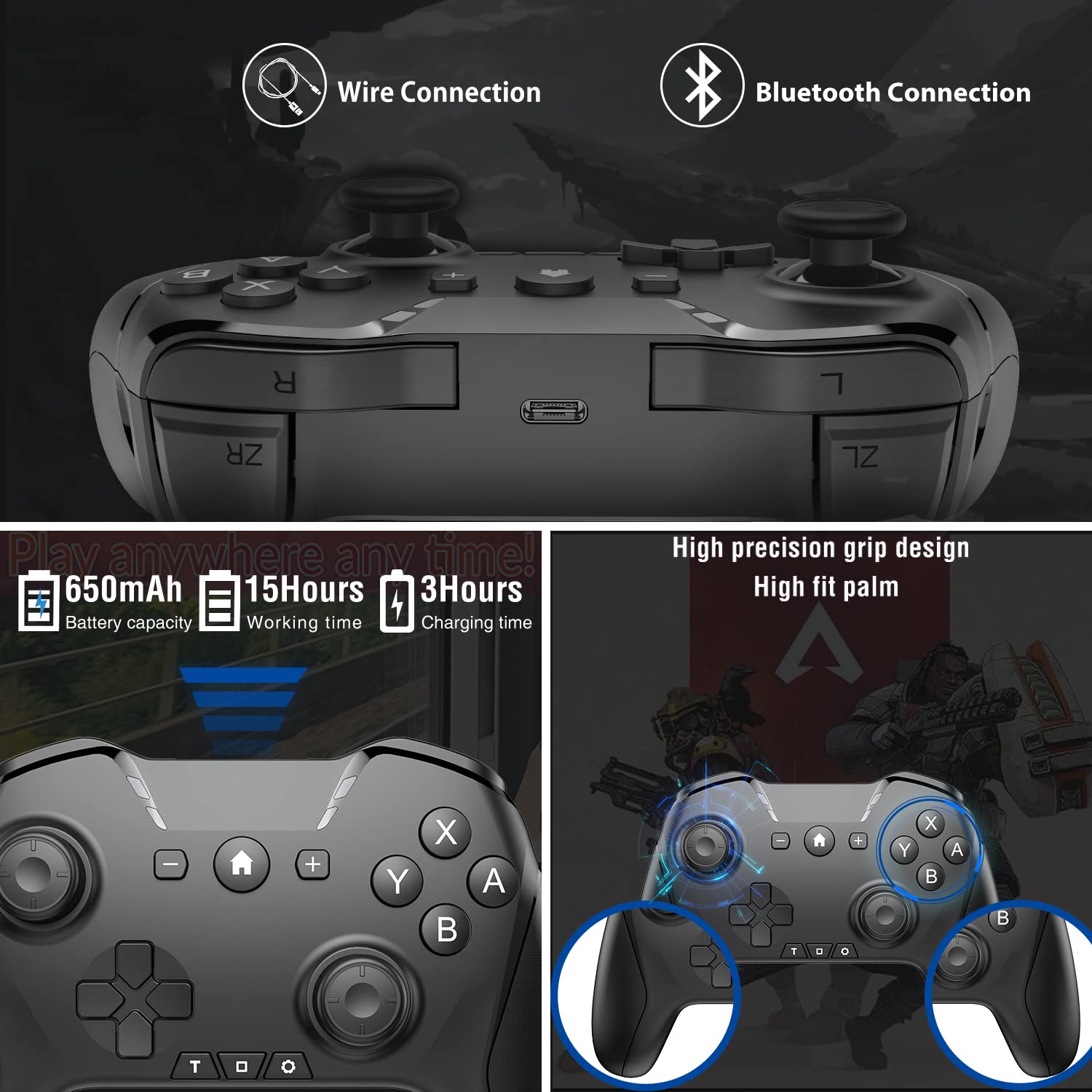 CONTROL BLUETOOTH UNIHOW PARA SWITCH/MAC/PC/STEAM/MÓVIL/IOS/ANDROID/TV/IPAD CON TURBO Y GIROSCOPIO 6 EJES NEGRO - 5