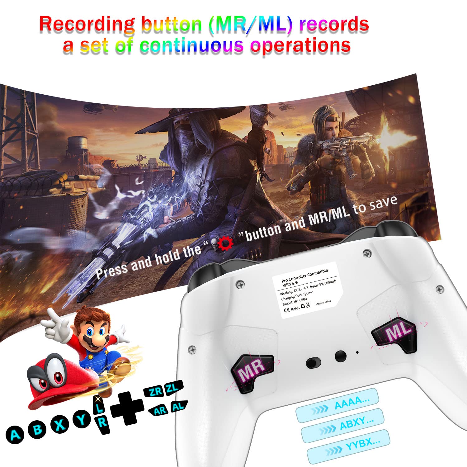 CONTROL BLUETOOTH PARA SWITCH/MAC/PC/STEAM/MÓVIL UNIHOW BLANCO Y NEGRO CON CLIP - 3